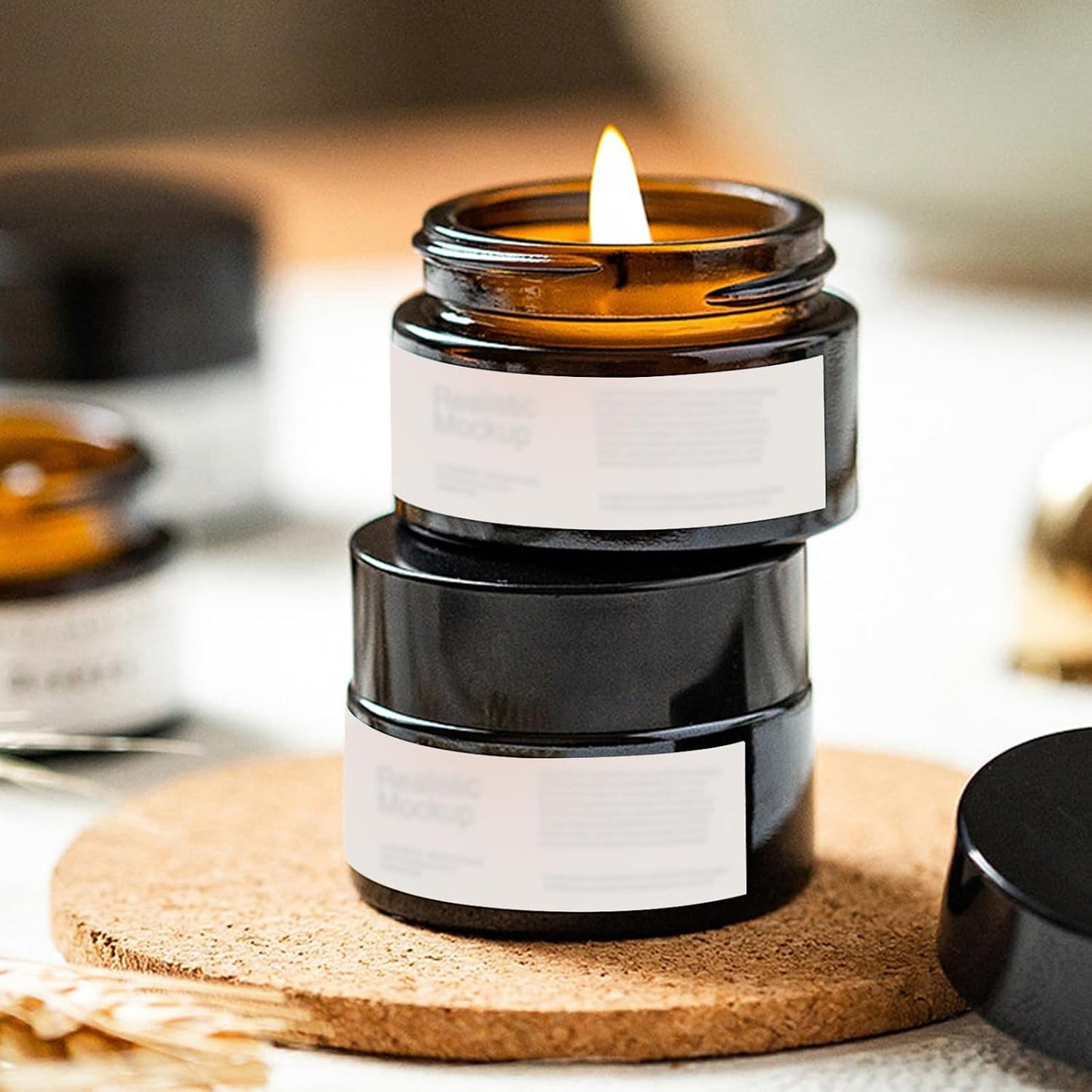 Lil Ray 2 Oz Glass Cream Jars with Black Lid, Empty Amber Glass Containers, Refillable Cosmetic Vials for Lotion, Ointment (12 PCS)