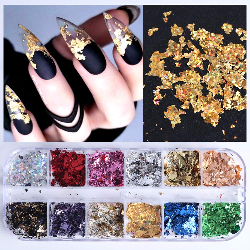 AUOCATTAIL 24 Grids Foil Nail Art Holographic Aluminum Nail Foil Flakes Stickers Nail Sequins 3D Glitter Decoration DIY Design Accessories Rainbow Nail Art Supplies Gold Nail Decals