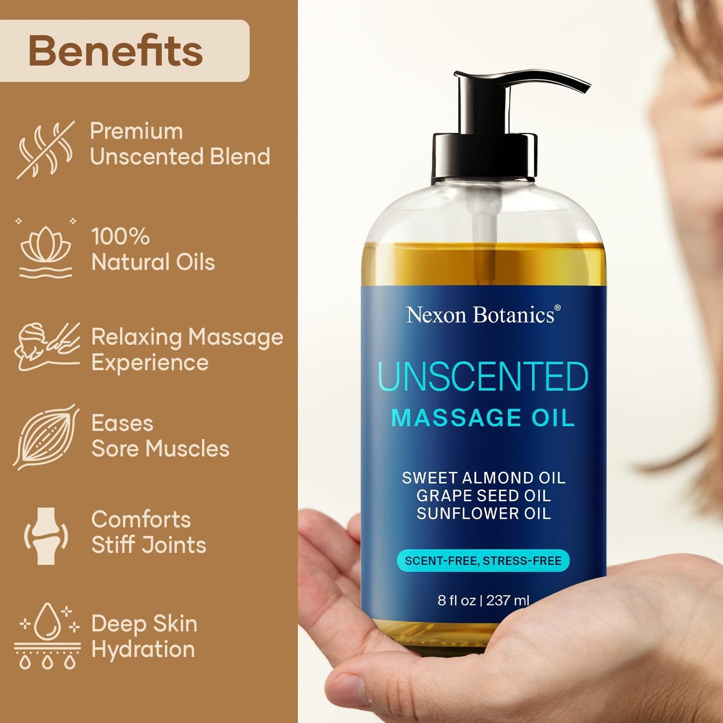 Unscented Massage Oil for Massage Therapy 8 fl oz - Refreshing and Relaxing - Natural Oils with Sweet Almond, Grape Seed and Sunflower Oil - for Men and Women - Nexon Botanics