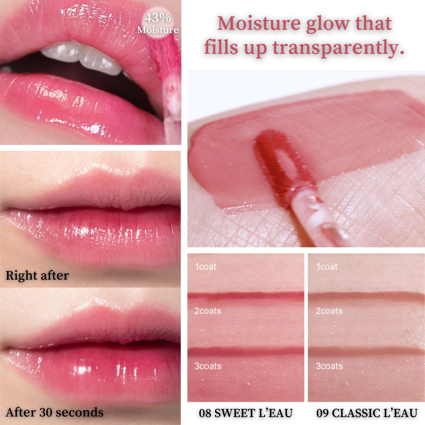 BBIA L’EAU Tint – Glossy & Glow Lip Stain, Watery Lip Tint, Non-Sticky, High Shine Finish, Long-lasting, Moisturizing, Lightweight, Natural, Daily Use, Vegan, Korean Lip Makeup (08 SWEET L'EAU)