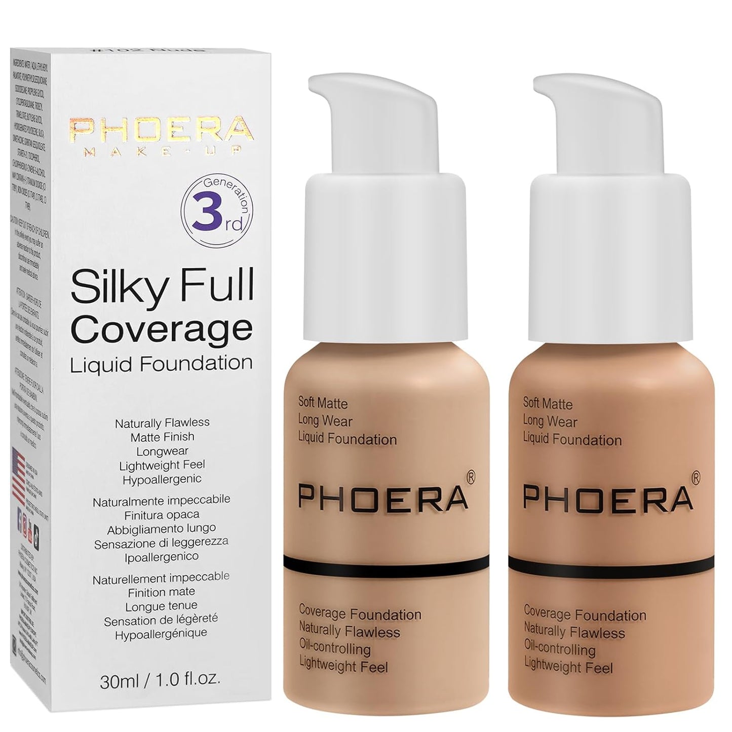 PHOERA Foundation, PHOERA Matte Liquid Foundation,PHOERA Makeup for Women, PHOERA Foundation Full Coverage Concealer, 30ml 24HR Matte Oil Control Concealer (104+105/Buff Beige+ Sand)