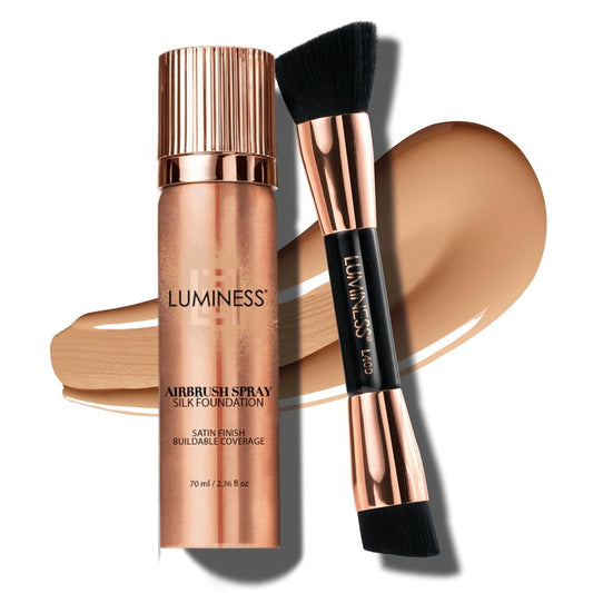 LUMINESS Silk Airbrush Spray Foundation & Buffing Brush Kit – Full Coverage Foundation & Dual-Sided Buffing Brush - Buildable Coverage, Anti-Aging Formula Hydrates & Moisturizes (Shade - Medium Warm)