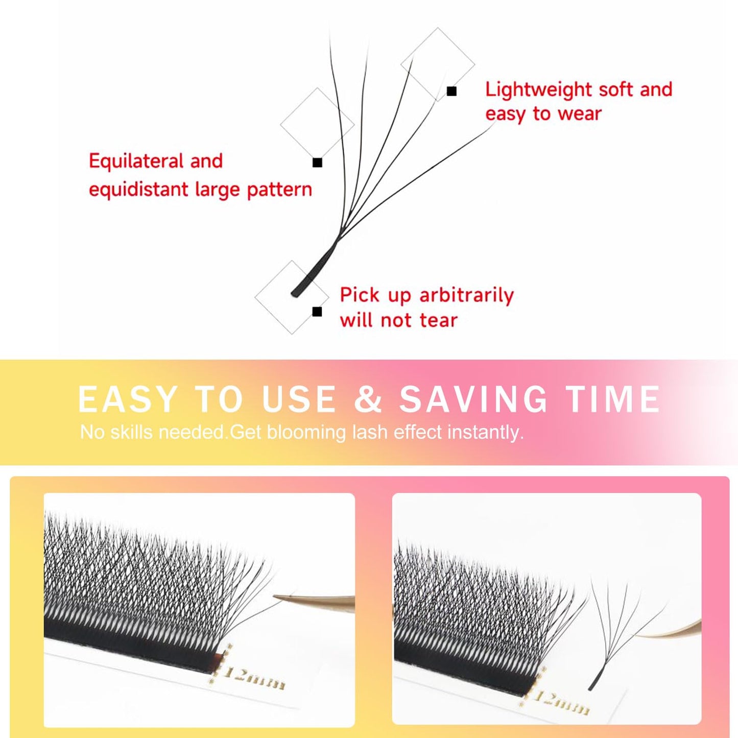 Lash Extensions 5D Eyelash Extensions W Lashes 0.07mm Thickness C Curl Lashes 8mm Soft Lash Trays Pestañas Pelo a Pelo Natural Matte Black False Eyelashes Individual Lashes(W-5D-0.07-C,8mm)