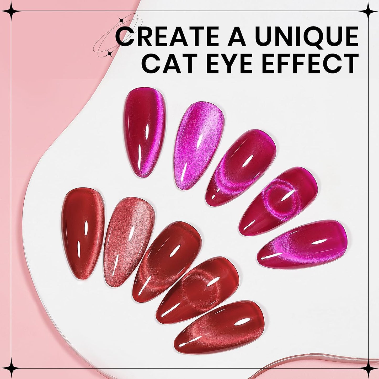 2PCS 15ML Cat Eye Gel Polish, Hot Pink Red Glass Moonlight Cateye Gel Nail Polish with Magnetic Stick Shimmer Glitter Effect Soak Off Salon DIY at Home