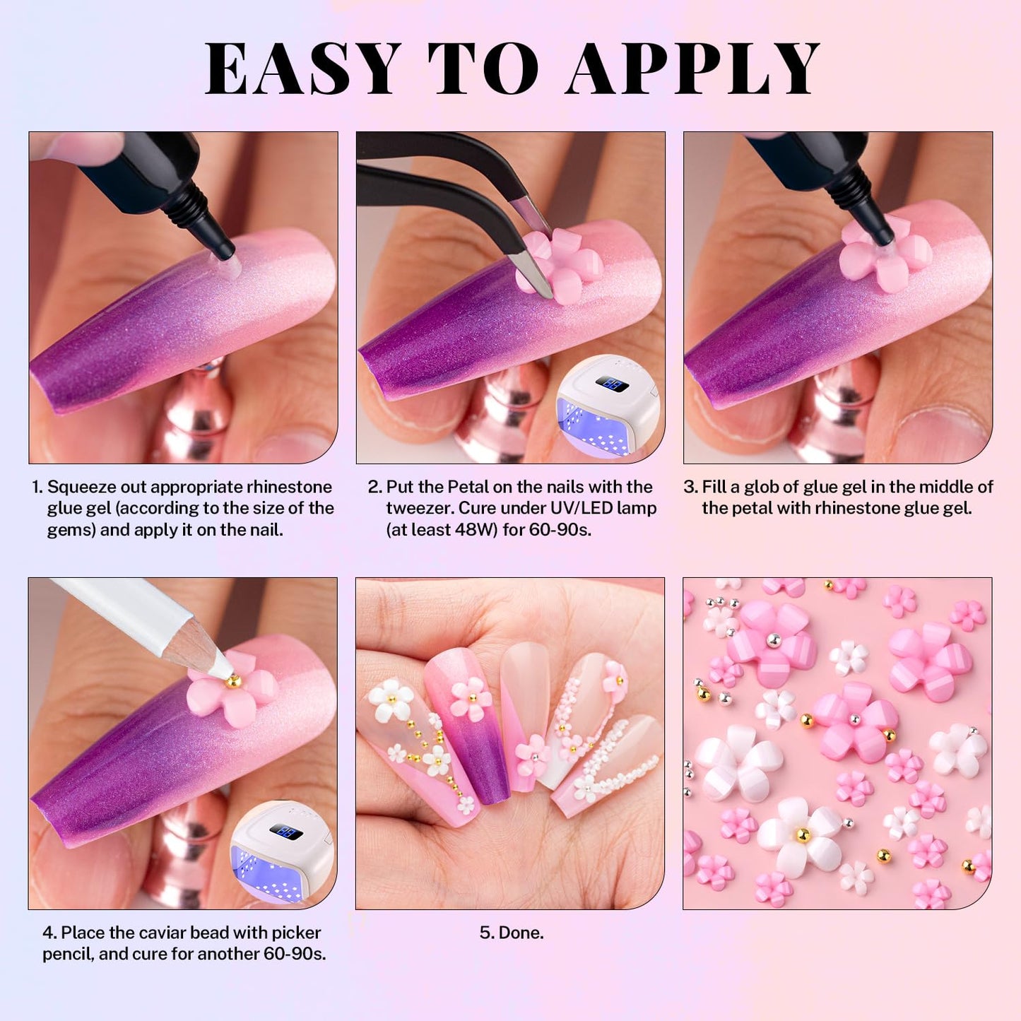 3D Flowers for Nails, Colorful Acrylic Flower Nail Charms with Caviar Beads, Flat Back Glass Crystal AB + Clear Gemstones Round Gems Rhinestones for Nails & Acrylic Nails with Dotting Tools