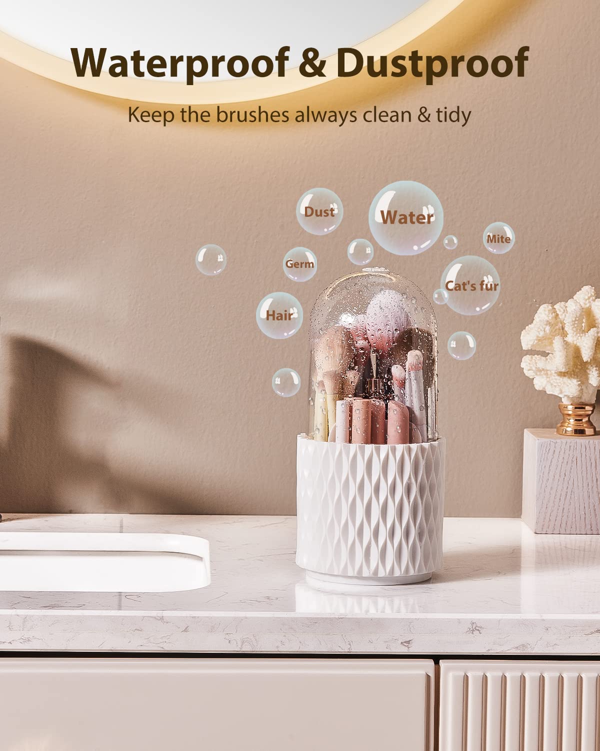 Makeup Brush Holder [Upgrade] [Dustproof & Waterproof] 360 Rotating Cosmetics Make up Brush Organizer Storage with Lid for Vanity