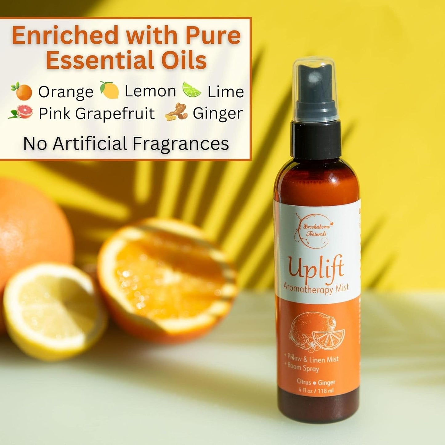 Uplift Aromatherapy Room Spray for Energy Boost. Lemon, Bergamot & Ginger Essential Oil Multi-Use Citrus Spray, Linen Mist, Natural Car Air Freshener & Closet Deodorizer by Brookethorne Naturals