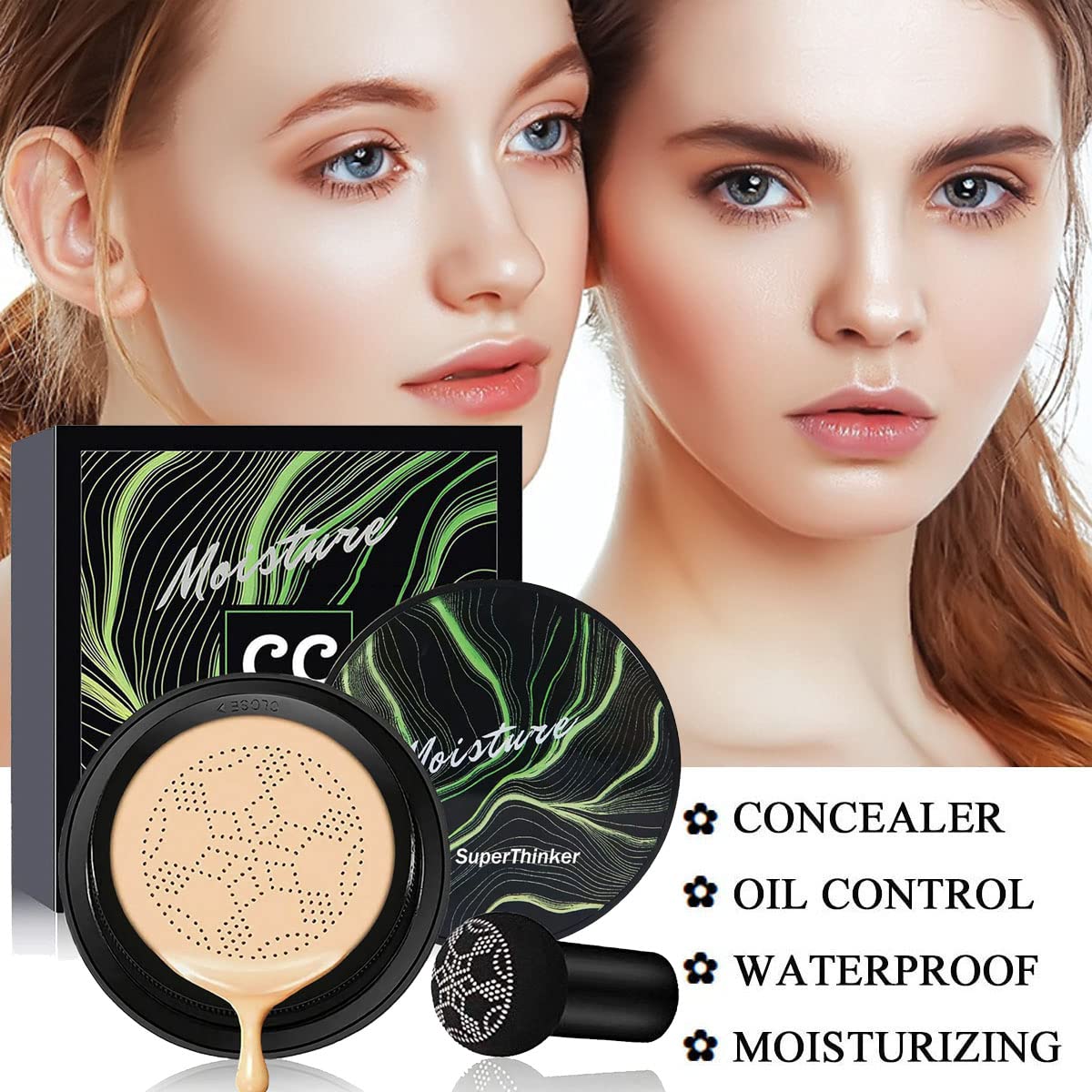 Air Cushion CC Cream Mushroom Head Cushion Foundation, BB Cream Face Makeup for Mature Skin Moisturizing Concealer Brighten Long-Lasting, Even Skin Tone for All Skin Types (Nude)