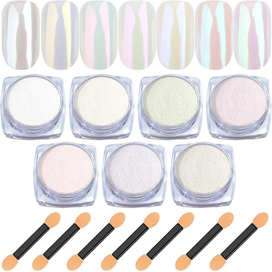 White Pearl Chrome Nail Powder: 7 Colors Iridescent Aurora Chrome Powder Pearl Mirror Effect Glitter Powder Pearlescent Ice Transparent Mermaid Pigment Dust for Nail Art Decoration