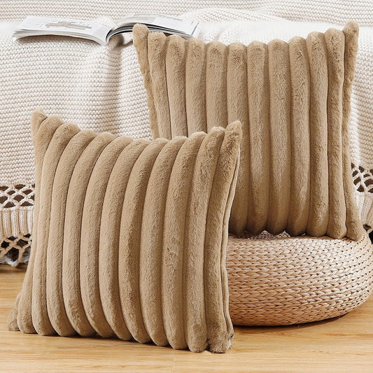 MADIZZ Set of 2 Faux Wool Plush Decorative Throw Pillow Covers 22x22 Inch Camel Fluffy Striped Soft Decorative Cushion Cover for Sofa Bedroom Pillow Shell
