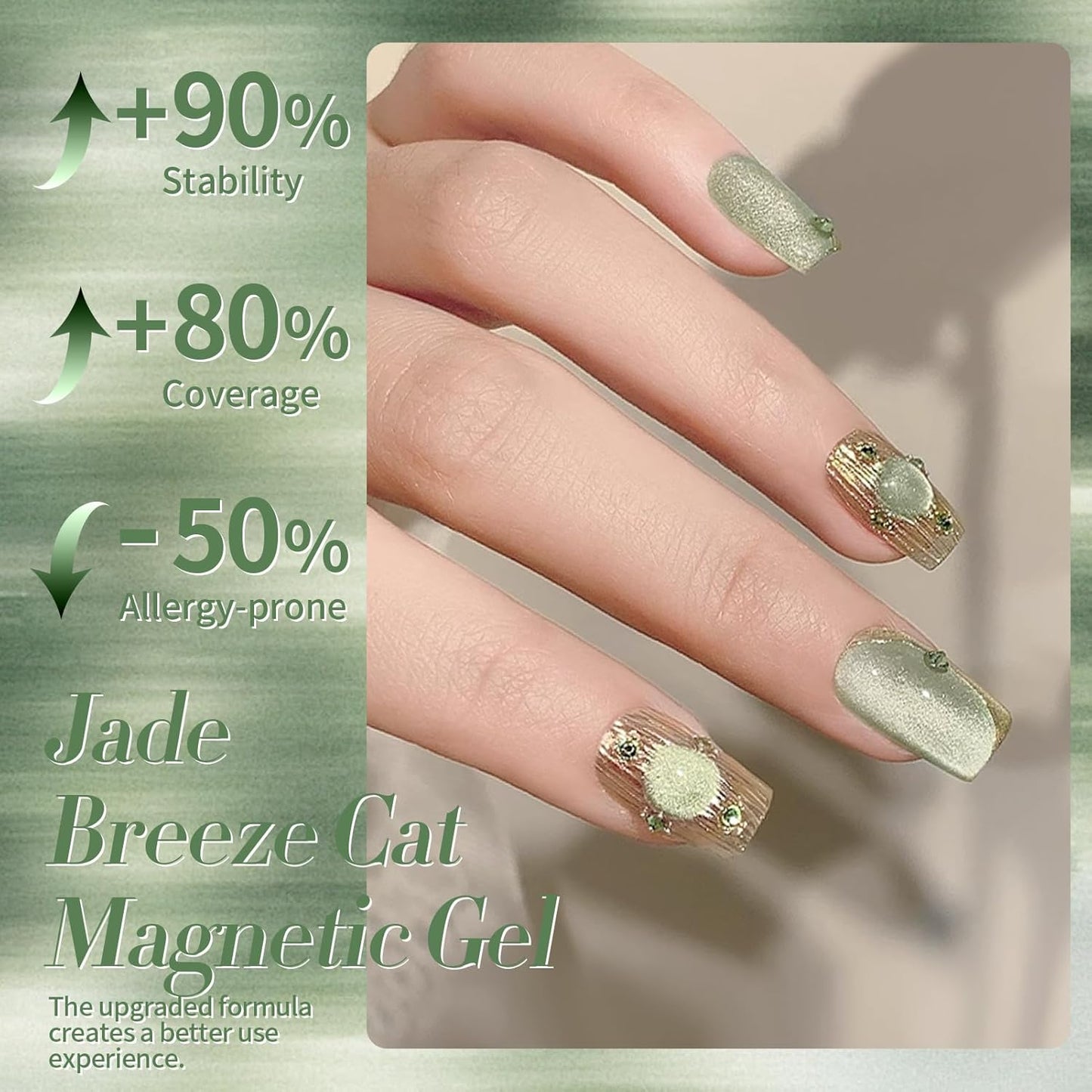 BORN PRETTY Cat Magnetic Eye Gel Nail Polish,Spring Green Jelly Glass Magnetic Gel Polish, Jade Breeze Glitter Soak Off Nail Art Salon Manicure Home Gift 15ml