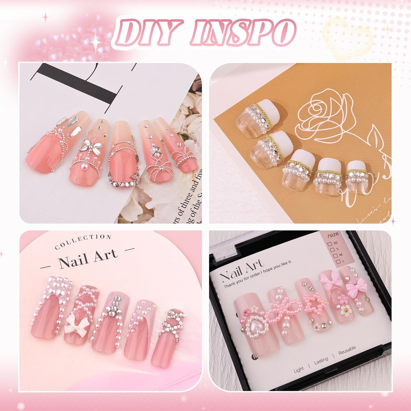 Flatback Pearls (White) and Metal Nail Beads (Silver) and Glass Rhinestones (Clear+AB) with Rhinestones Glue Gel for Nail Art, Pearl Nail Charms and Round Caviar Beads Crystals Gem for Manicure Decor