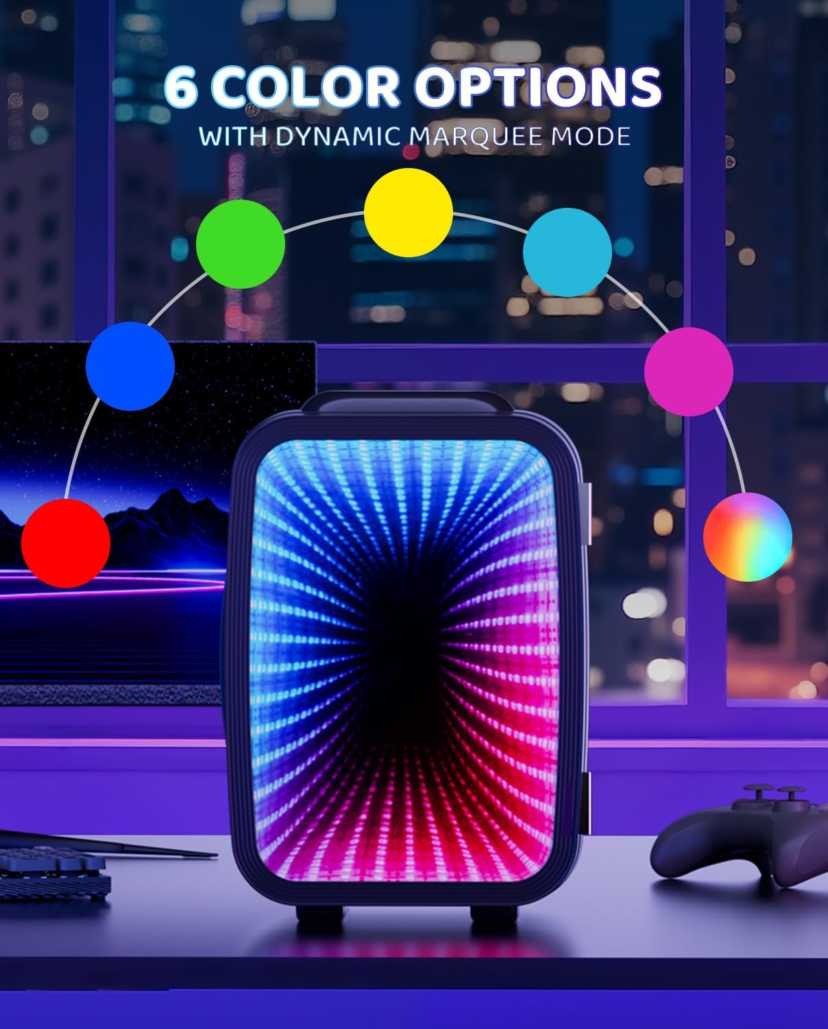 MF01C Mini Fridge, 7 Light Modes With Running Light Mode, 4 Liter/6 Cans, Quiet Cooling & Retention Function, AC/DC Power, Gaming Mini Fridge for Bedrooms, Office and Car