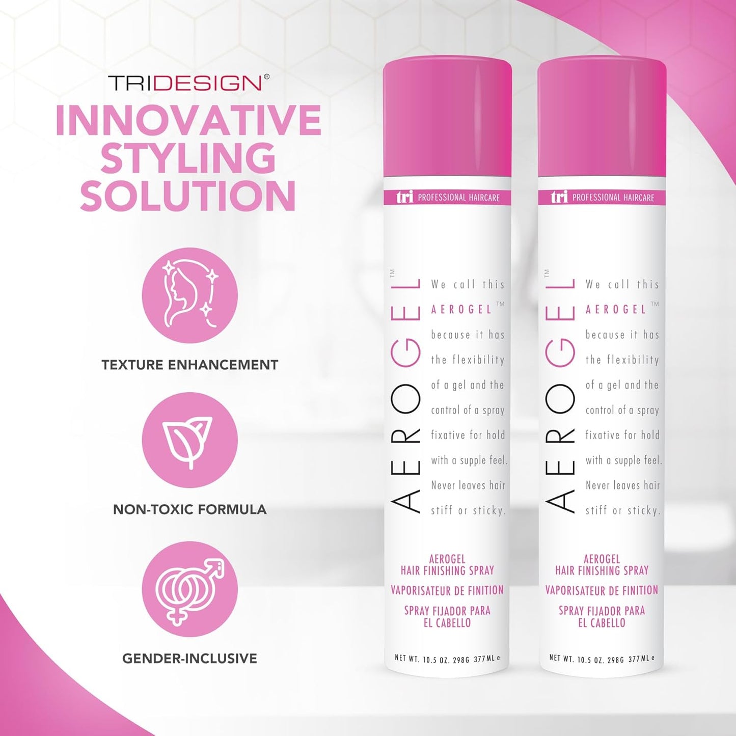 TRIDESIGN Aerogel Hairspray - Strong Hold Hair Finishing Spray for Volumizing & Control, Flexible Styling for All Hair Types, Non-Sticky and Scented - For Women and Men - Pack of 2 (10.5 Oz)