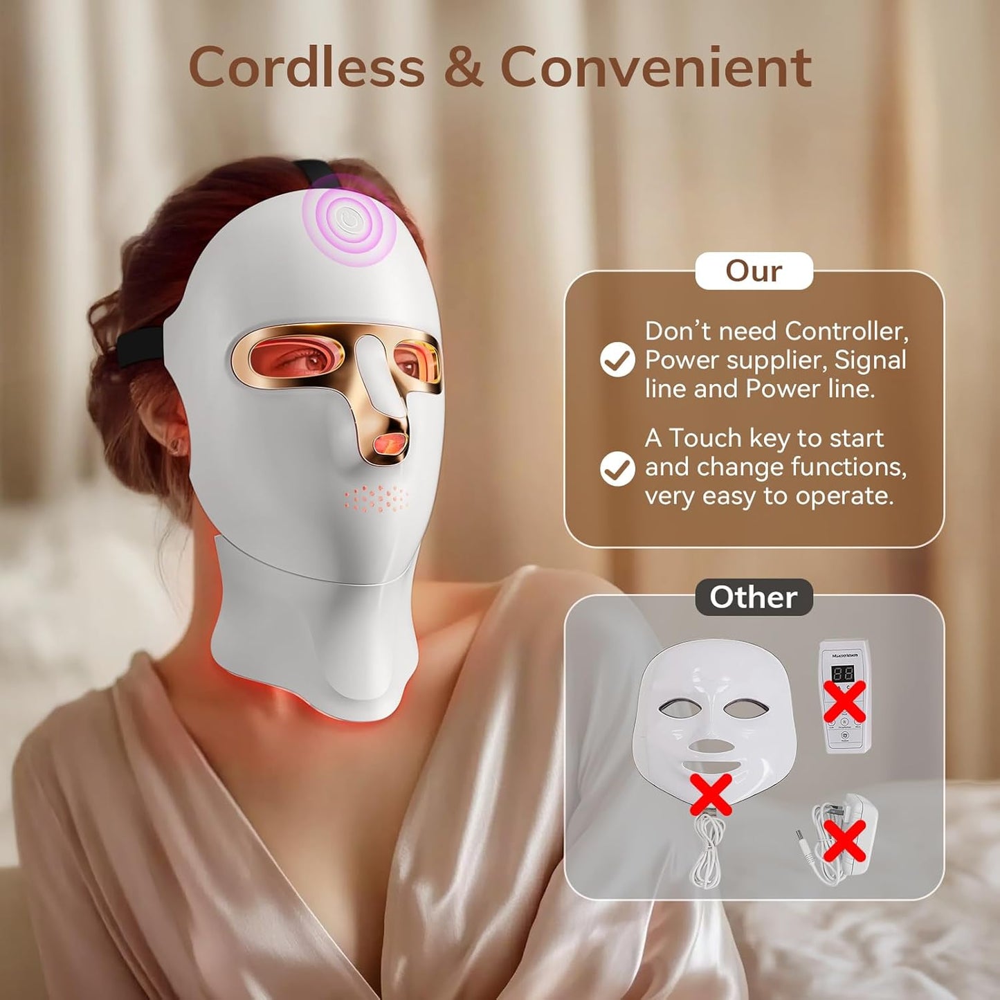 Red Light Therapy Mask for Face,Cordless LED Face Mask Light Therapy,USB C Rechargeable,Infrared Lights Masks for Home Working Travel Yoga Sleep (Amber)
