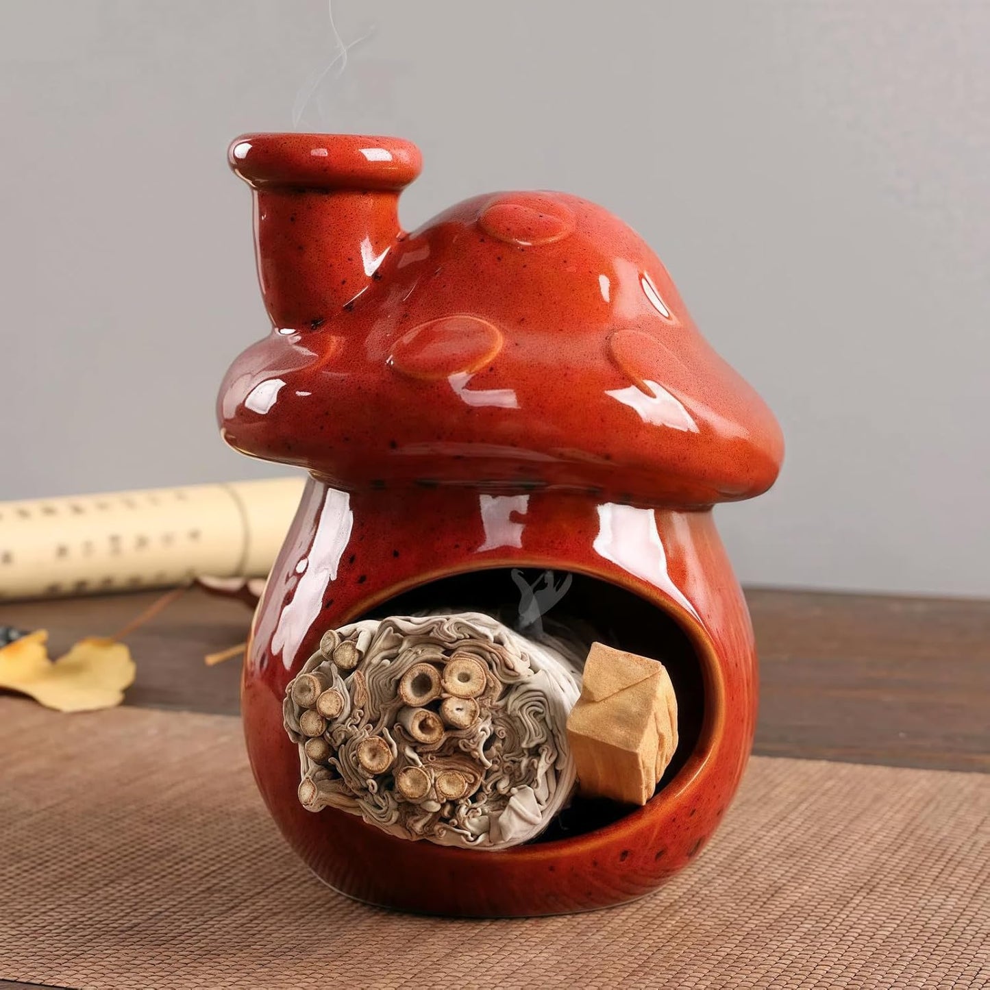 Mushroom Incense Holder, Red Ceramic Palo Santo Holder Burner & Sage Holder - Mini Tabletop Chiminea Burner Tray with Ash Catcher, Cute Mushroom Decorations for Spiritual Meditation & Yoga