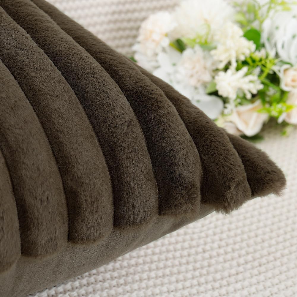 MADIZZ Set of 2 Faux Wool Plush Decorative Throw Pillow Covers 26x26 Inch Drak Brown Fluffy Striped Soft Decorative Cushion Cover for Sofa Bedroom Pillow Shell