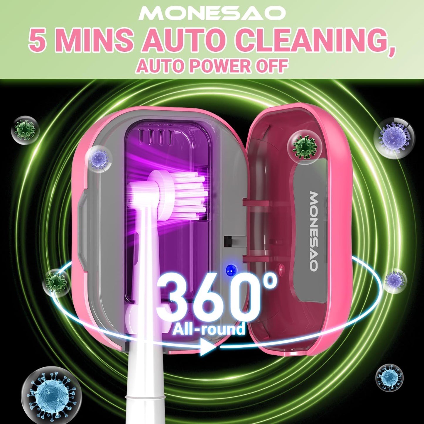 MONESAO Toothbrush Sanitizer Covers, Toothbrush Case with Violet Light - Rechargeable Cleaner Case - Auto Home Travel Tooth Brush Cap Box for Any Electric and Manual Toothbrushes (Pink)