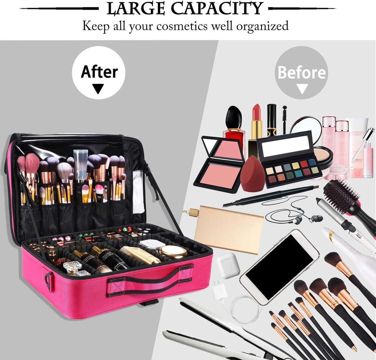 JOURMON Travel Makeup Case Portable Makeup Train Case Organizer Cosmetic Bag with Adjustable Dividers and Shoulder Strap for Makeup Brushes Toiletry Travel Accessories(Rose Red, L)