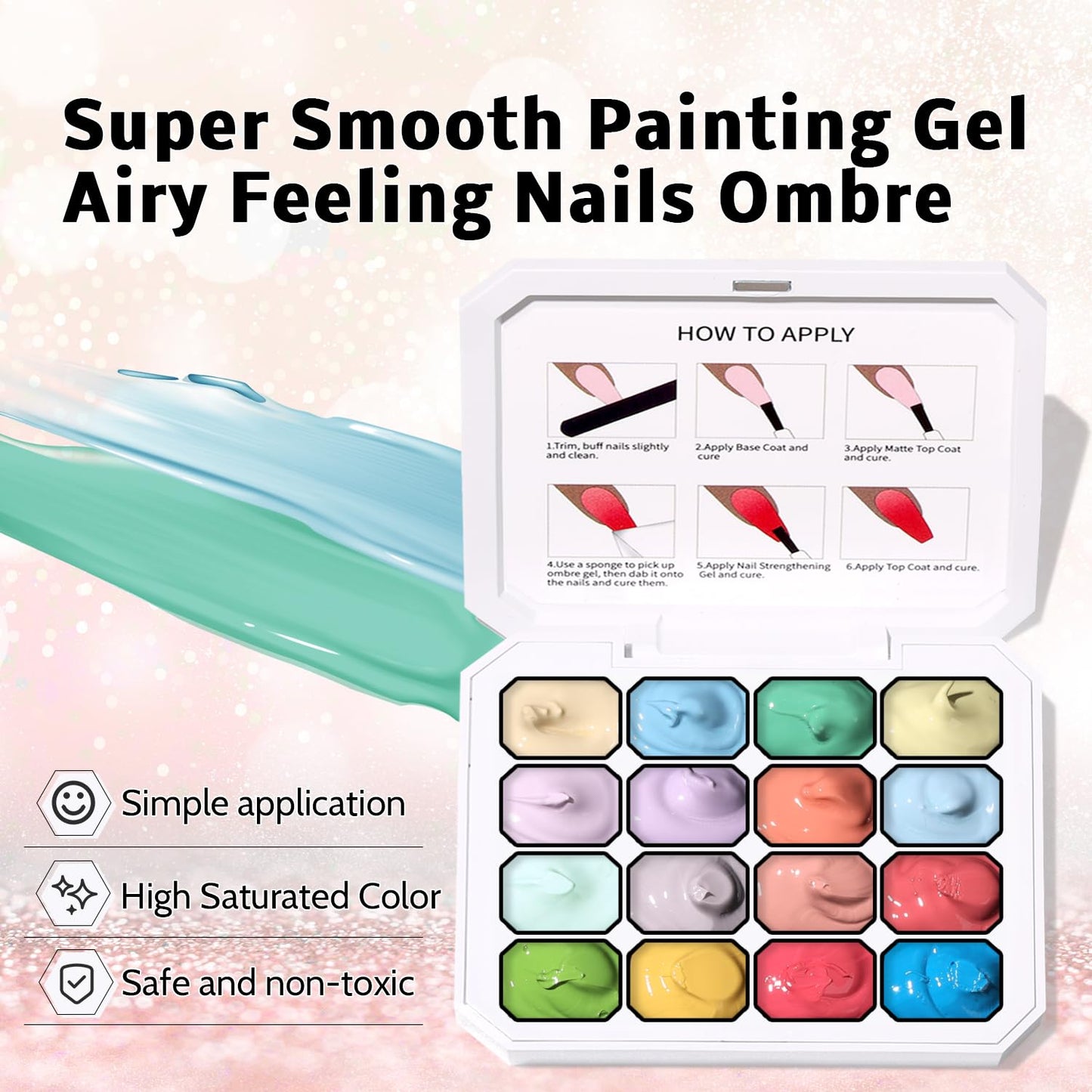 Sponge Pat Paint Nail Gel, Ombre Nails Gradient Gel Nail Blush Blooming Aura Nails Drawing Stripper Floral Painting DIY Nail Art, No Wipe, UV/LED Curing (16 Colors G)