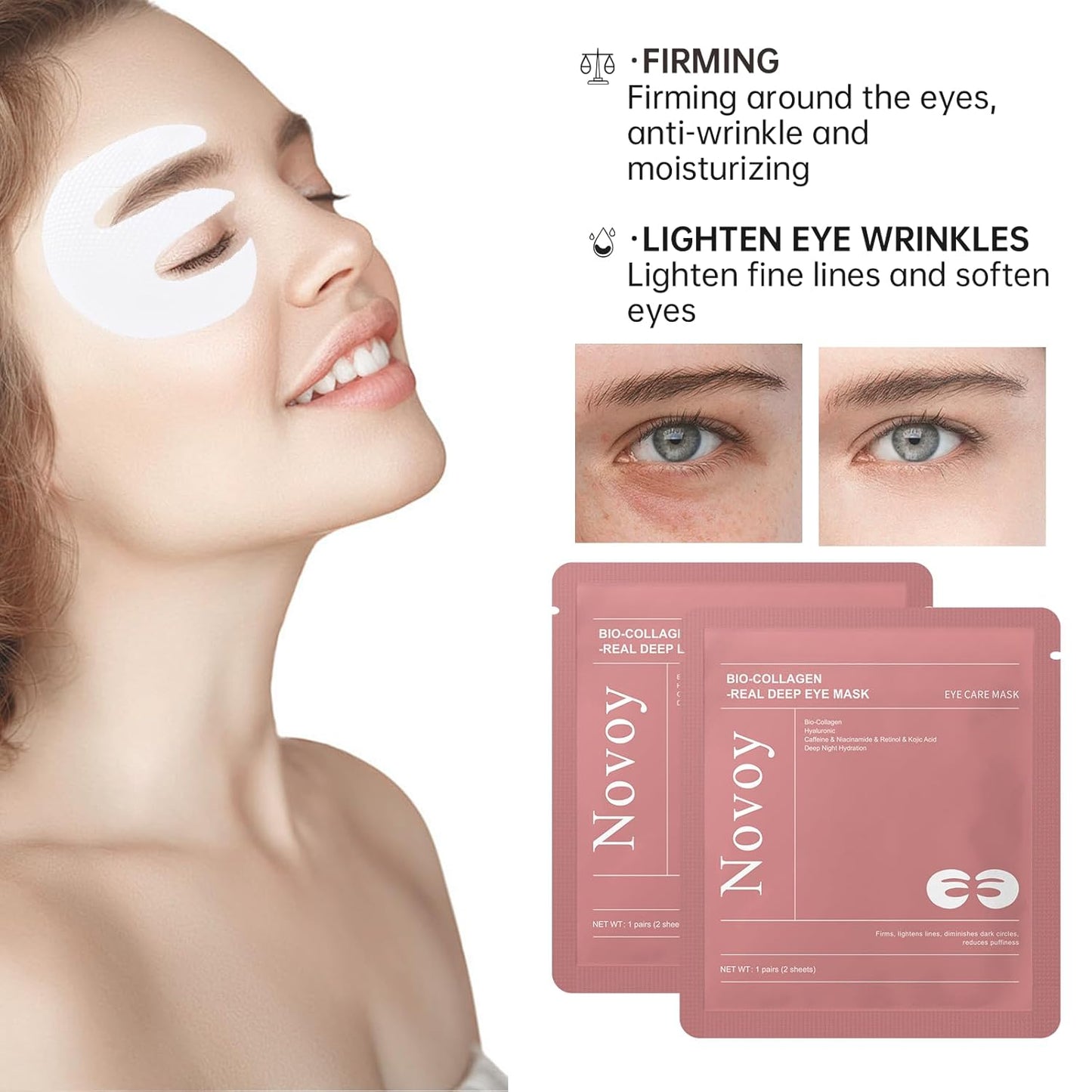 Novoy 15 Pairs Bio-Collagen Real Deep Eye Patches - 6-in-1 Retinol Overnight Eye Patches for Dark Circles, Puffiness & Wrinkles | 2% Caffeine/Hyaluronic/Niacinamide, Korean Popular Eye Mask - Lavender