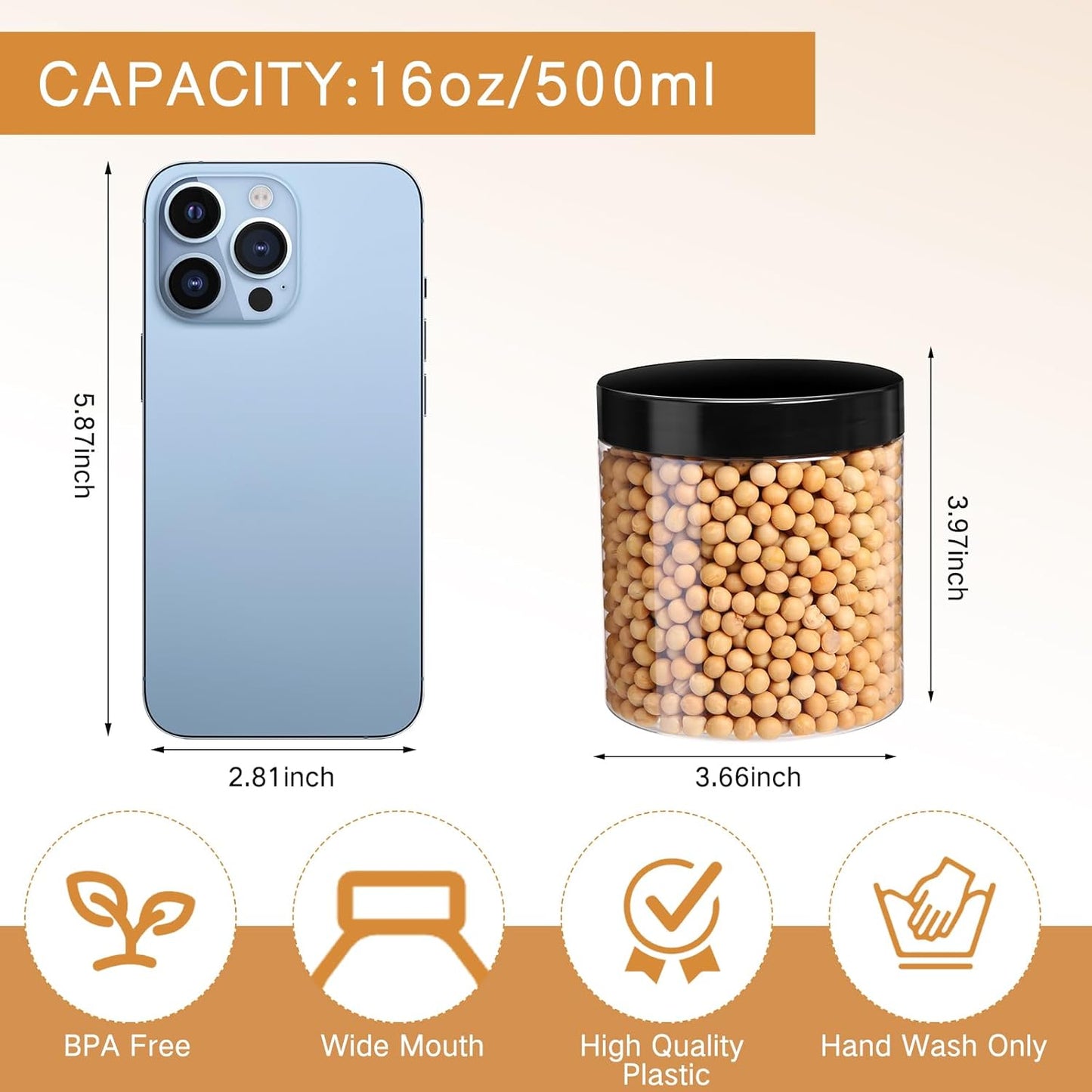 SATINIOR 24 Pieces Empty Clear Plastic Jars with Lids Round Storage Containers Wide Mouth for Beauty Product Cosmetic Cream Lotion Liquid Butter Craft and Food(Black Lid,16 oz)