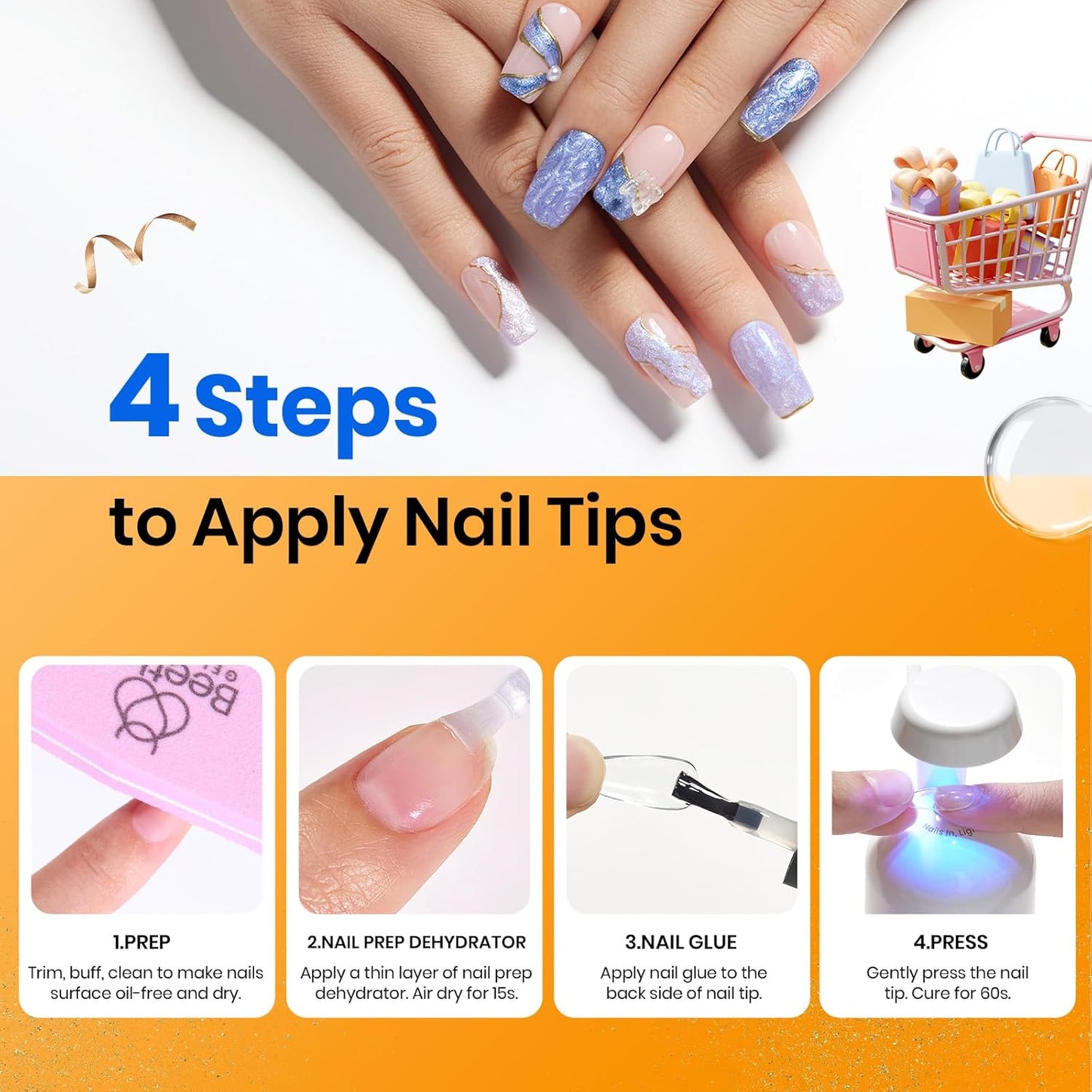 Beetles 9 In 1 Gel Nail Glue Nail Dehydrator Kit for Acrylic Nails Acid Free & Hema-Free Professional Dehydrator Prep for U V Gel Polish Long Lasting Led Lamp Required