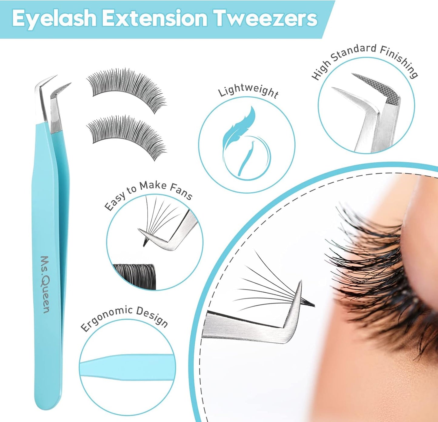 Ms.Queen Volume Tweezers For Eyelash Extensions, Fiber Tip Grip Lash Tweezers L-Shape Boot Mega Volume Mink Lashes Tweezers, Blue