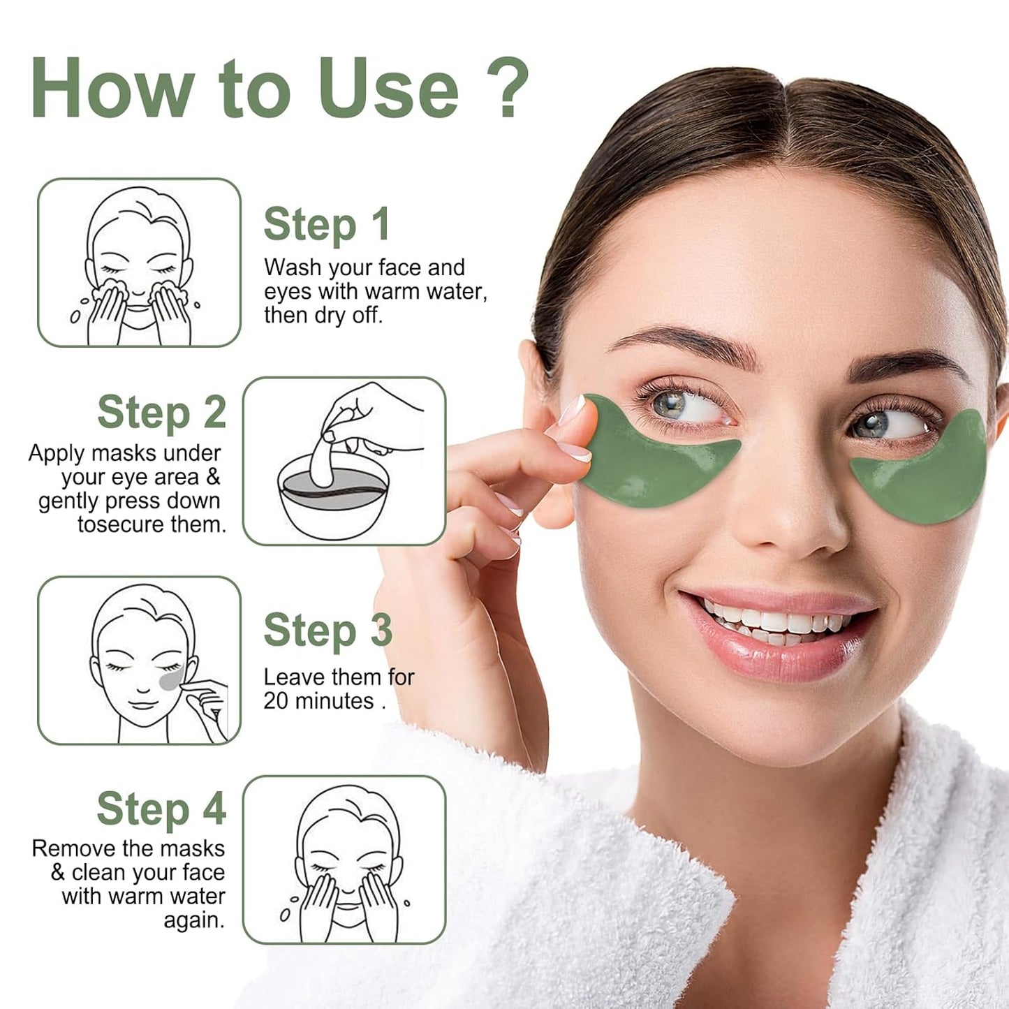 Under Eye Patches-30 Pairs Green Tea Eye Mask Skin Care Products-Eye Masks Skincare for Dark Circles and Puffiness,Reduce Wrinkles,Eye Bags and Fine Lines, or Women and Man,with Hair Clips