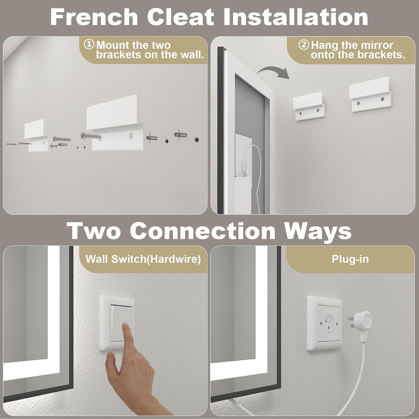 OKPAL 48x36 Black Lighted Bathroom Mirror, LED Bathroom Mirror with Lights, Anti-Fog Lighted Vanity Mirror, Dimmable, Shatterproof, Memory, 3 Colors, ETL Listed (Front Light and Backlit)