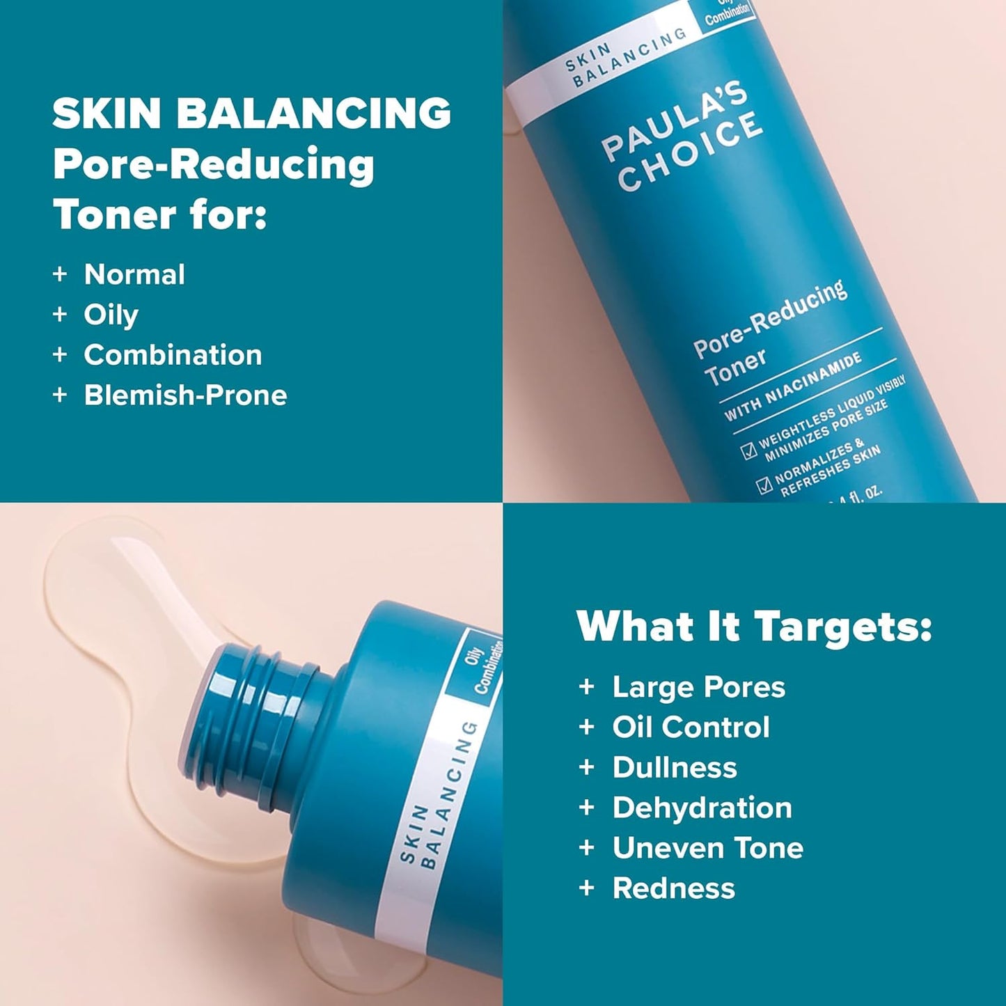 Paula's Choice SKIN BALANCING Pore-Reducing Face Toner for Combination and Oily Skin, Minimizes Large Pores, Controls Oil & Shine, Hydrates & Replenishes, Suitable for Acne-Prone Skin, 12 Fl Oz Bottle