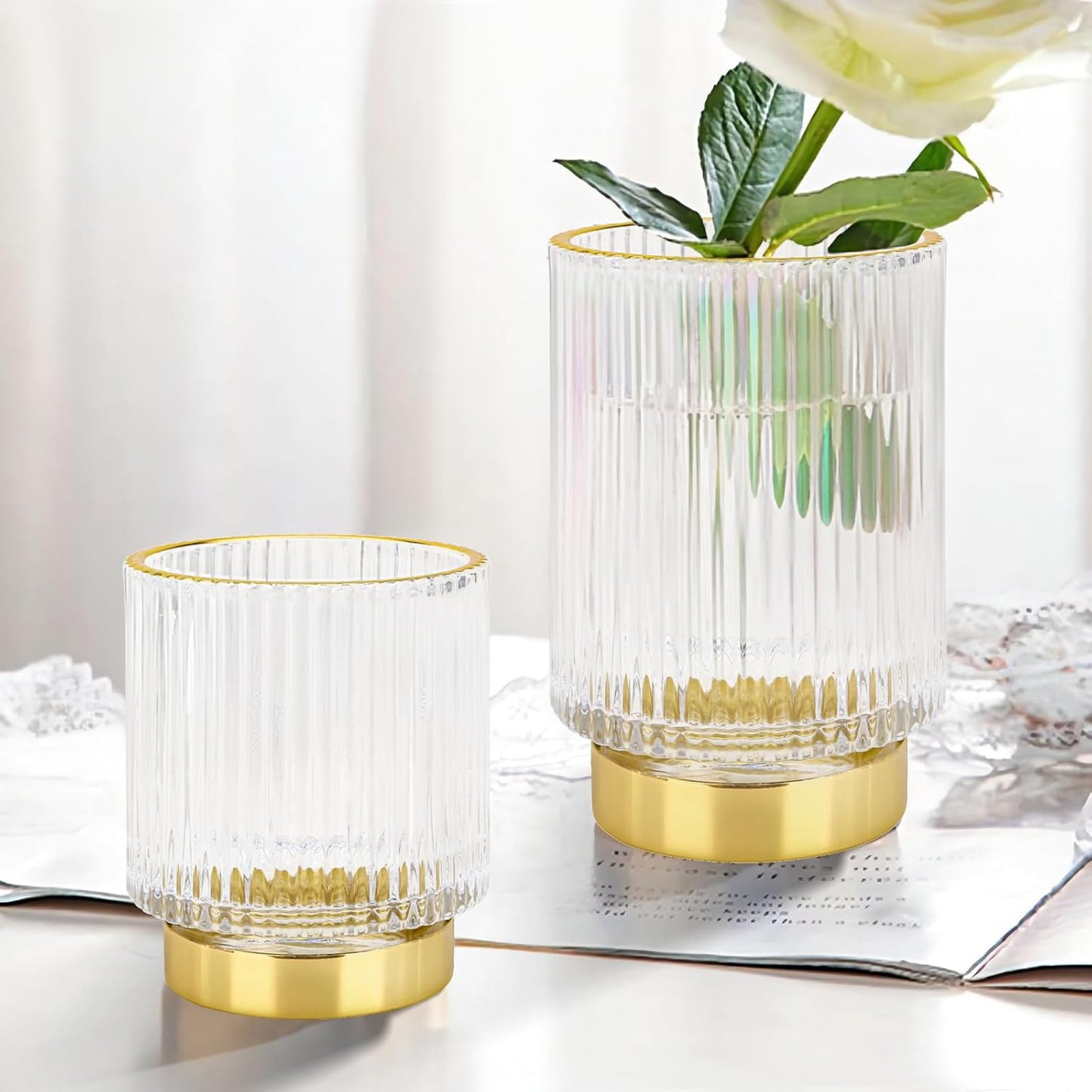 DASITON Makeup Brush holder Organizer,Crystal Cosmetic Makeup Brush Glass Brushes Storage Holder, Vintage Make Up Brush Cup Pen Pencil Holder striped vase(Clear S+L)