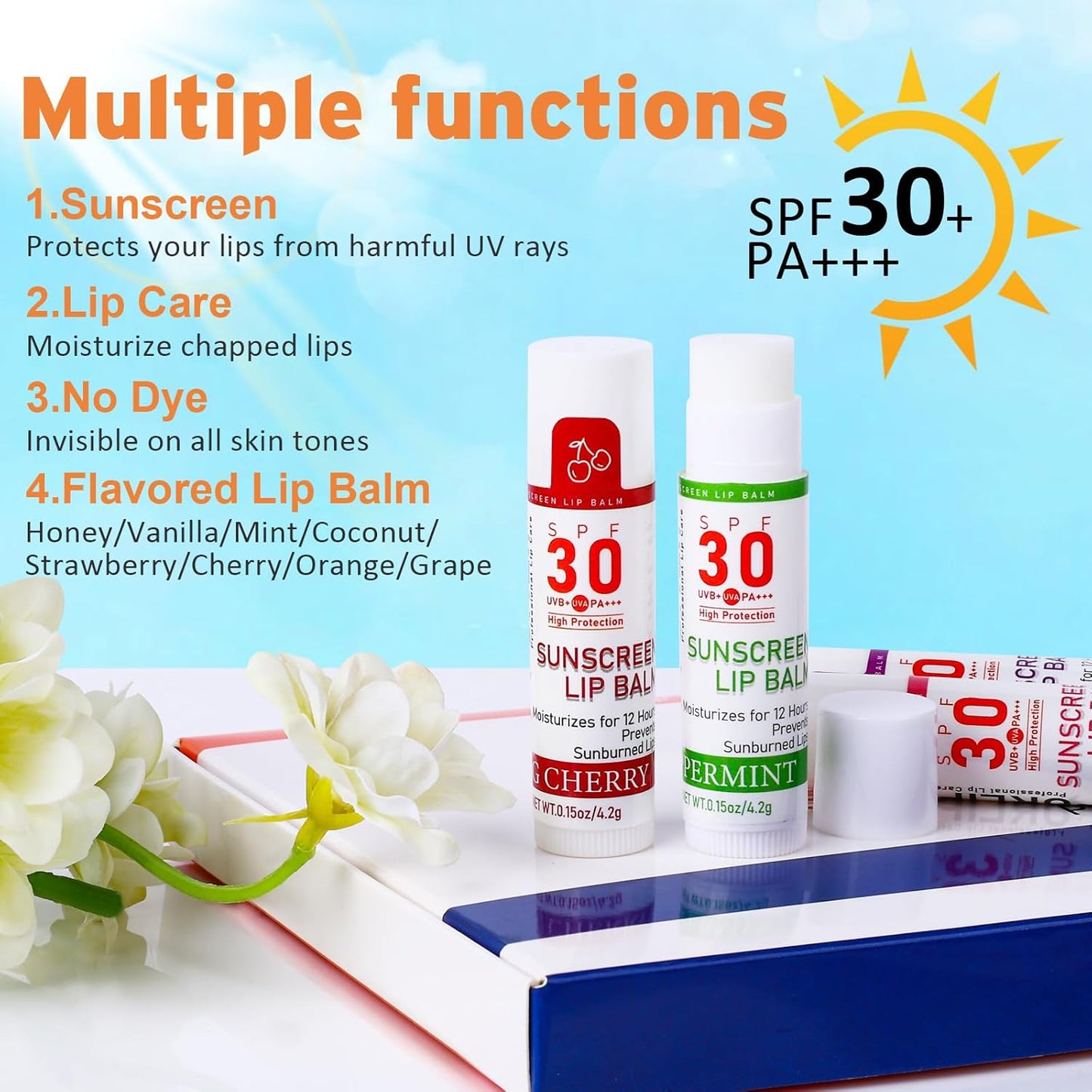 SPF 30 Lip Balm with Sunscreen, 8 Pack - 8 Flavors, Hydrating Lip Balm with Vitamin E and Coconut Oil