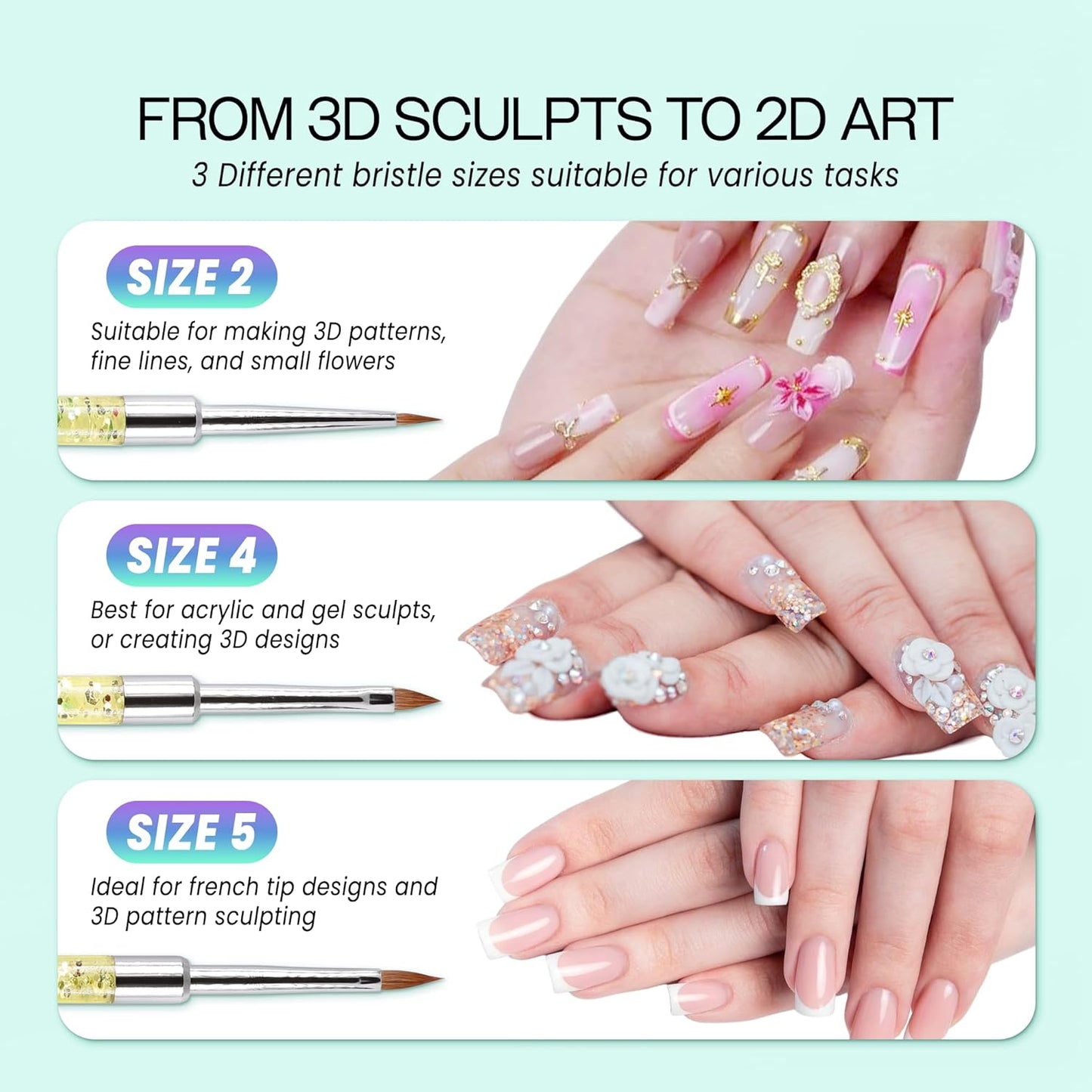 PANA 3D Kolinsky Nail Art Brush - Rainbow Glitter Handle, Size 2 - Acrylic Nail Art Sculpture Brush for Manicures Pedicure Salon Professional or Beginner