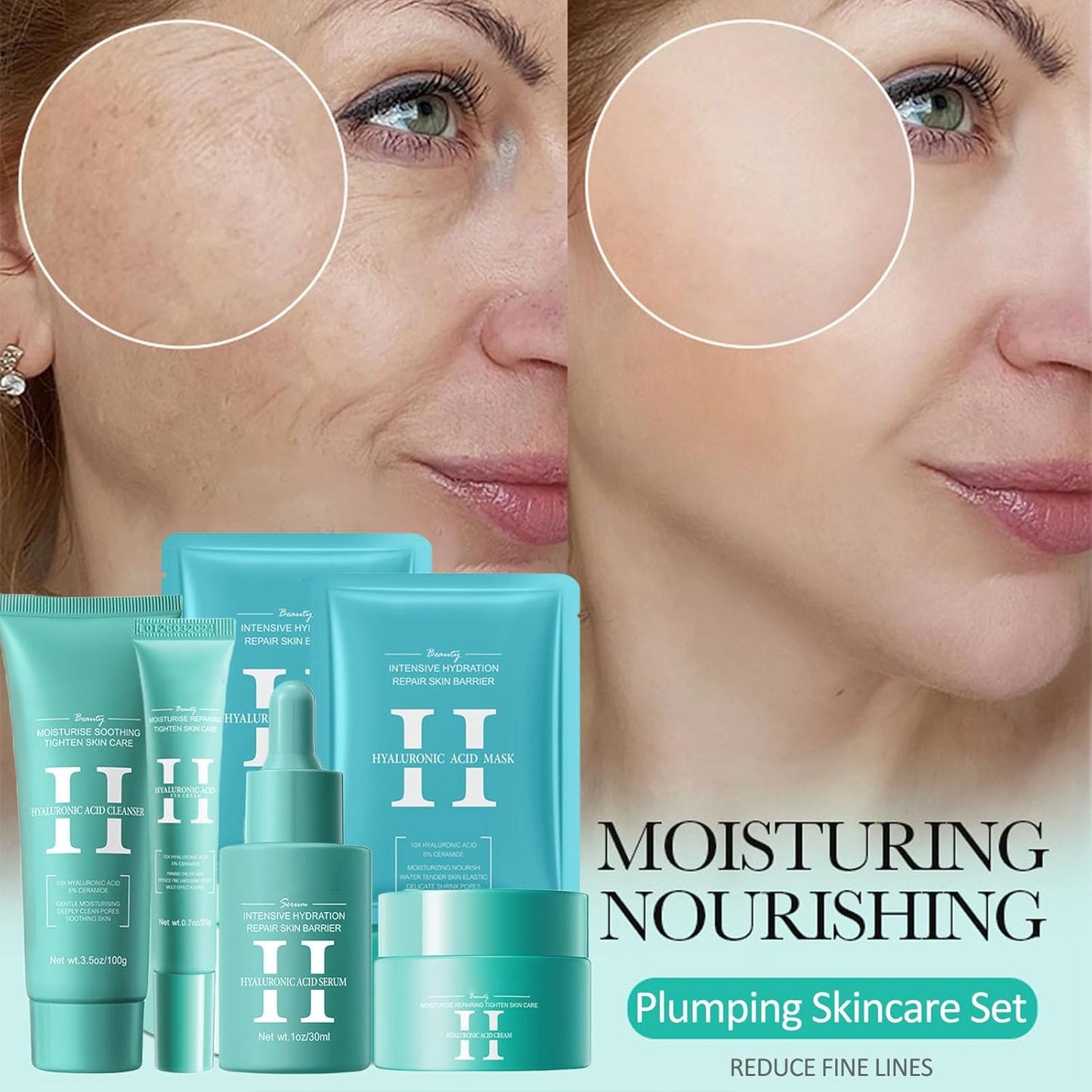 Hyaluronic-Acid Skincare Set, Skin Care Kit For Women, Skincare Gift Set, 6pcs Facial Kit For Women With Cleanser, Face Serum, Face Moisturizer, Eye Cream & Face Mask, Clean, Soft, And Plump