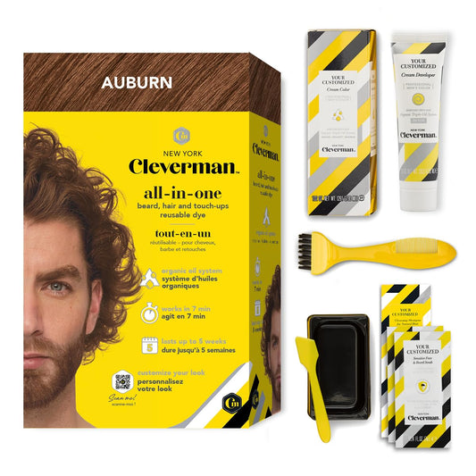 CLEVERMAN Auburn Hair & Beard Dye for Men - All-in-One Reusable Kit, Fast-Acting, Long Lasting, Ammonia-Free, Professional Quality for Hair, Beard & Gray Mustache - Semi-Permanent Extended