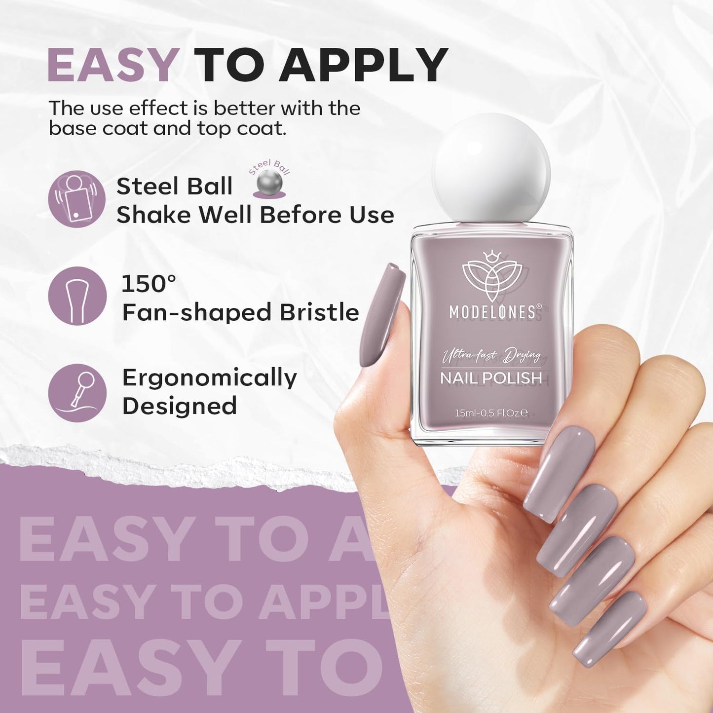 modelones Gray Nail Polish, Light Grey 15 ml Quick Dry Nail Lacquer Strengthener Long Last Shine Fingernail Toe Nail Art DIY Home Travel Manicure Gift for Women Girls 0.5 Fl Oz