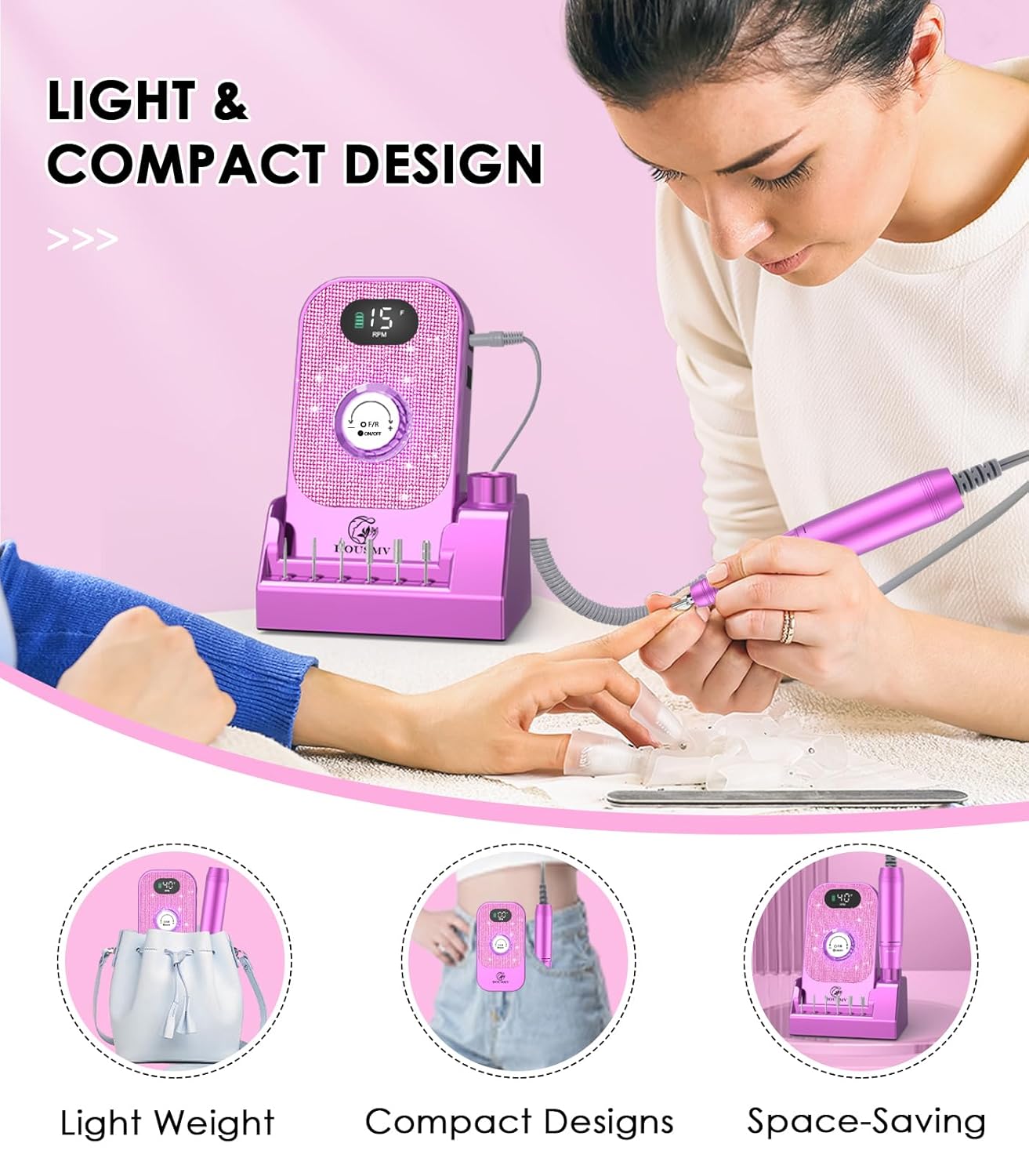 Portable Nail Drill Electric File: Professional Nail E File Machine 40000RPM for Acrylic Nails Remove Nail Gel Polish Manicure, Rechargeable Cordless Diamond Nail Drill with Bits & Base for Salon Home