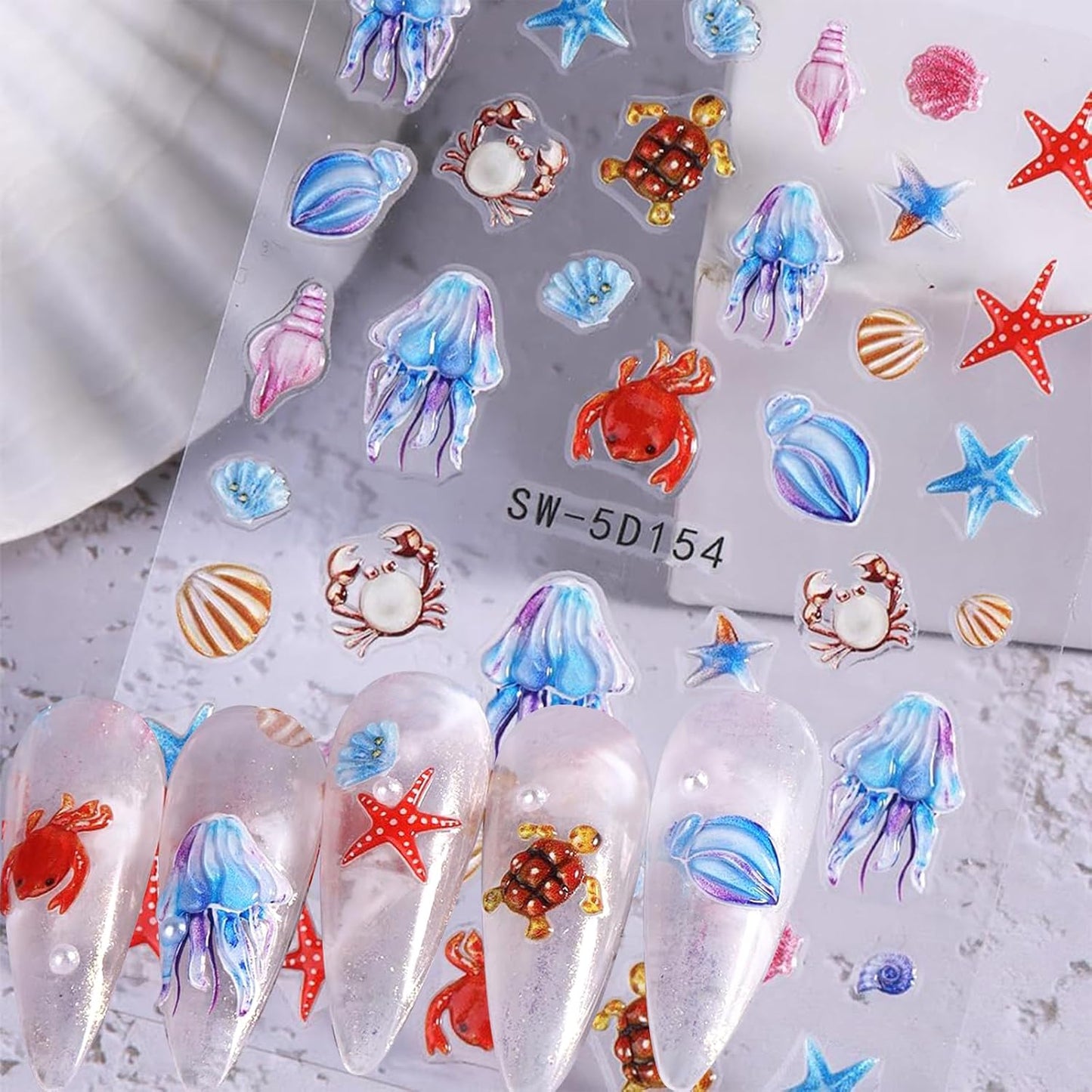 Summer Nail Art Stickers Decals Beach Style Nail Decals Self Adhesive 5D Shell Coconut Tree for Women Nails Design Decoraion 3D Beach Mails Stickers Supplies
