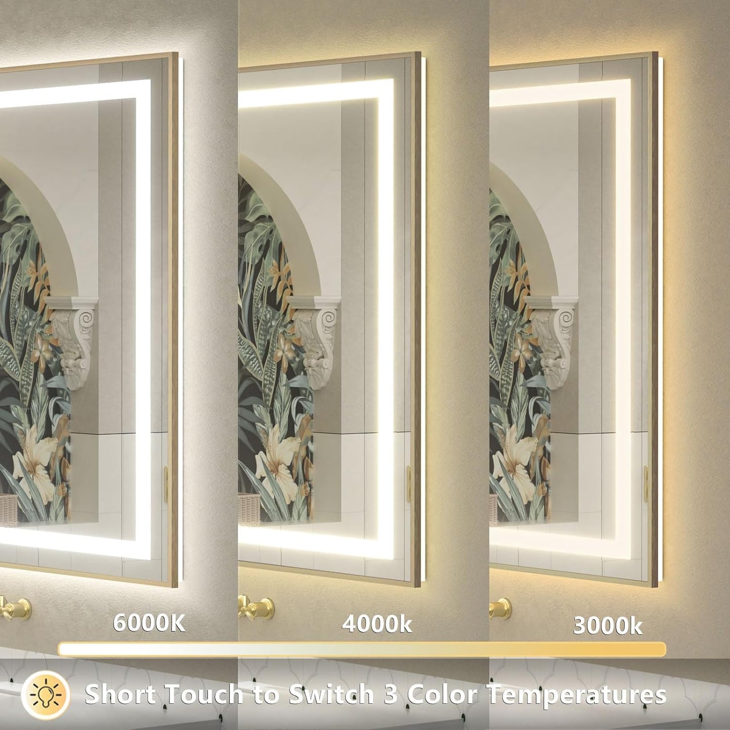 OKPAL 24x30 Gold LED Bathroom Mirror with Lights, Frontlit & Backlit Metal Framed Mirror, Lighted Bathroom Vanity Mirror, Anti-Fog, Dimmable 3 Colors, Shatterproof, Horizontal/Vertical