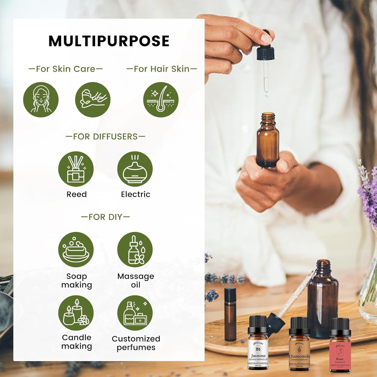 yethious Rose Jasmine Chamomile Essential Oil Set Organic 100% Pure Aromatherapy Oil for Diffuser, Soap, Candle Making 3 X 10ML