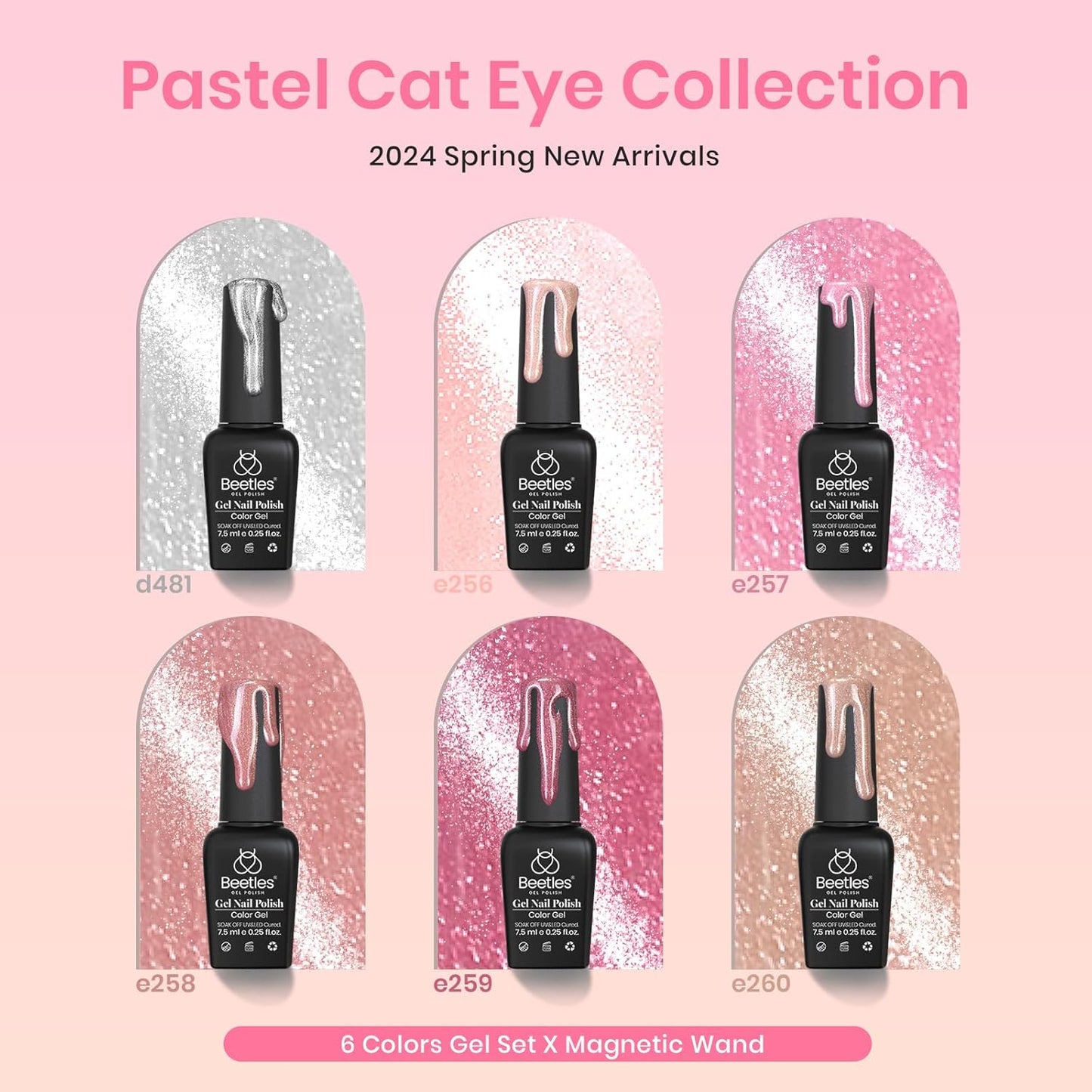 Beetles Pink Cat Eye Gel Nail Polish Set - 6 Colors Nude Pink Silver Cat Eye Glitter Gel Polish Kit with Magnet Soak Off UV Fall Winter Velvet Gel French Nail Art Design Manicure Gift for Women