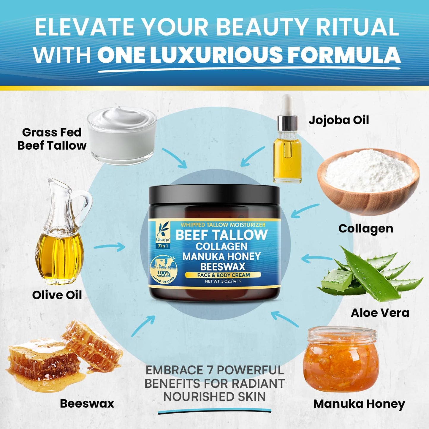 Organic Beef Tallow for Skin, Organic Grass-Fed Beef Tallow Balm with Manuka Honey, Aloe Vera, Jojoba Oil, Collagen & Beeswax, Olive Oil, Moisturizer for Dry Skin, Nourishes Face, Body & Lips (5oz)