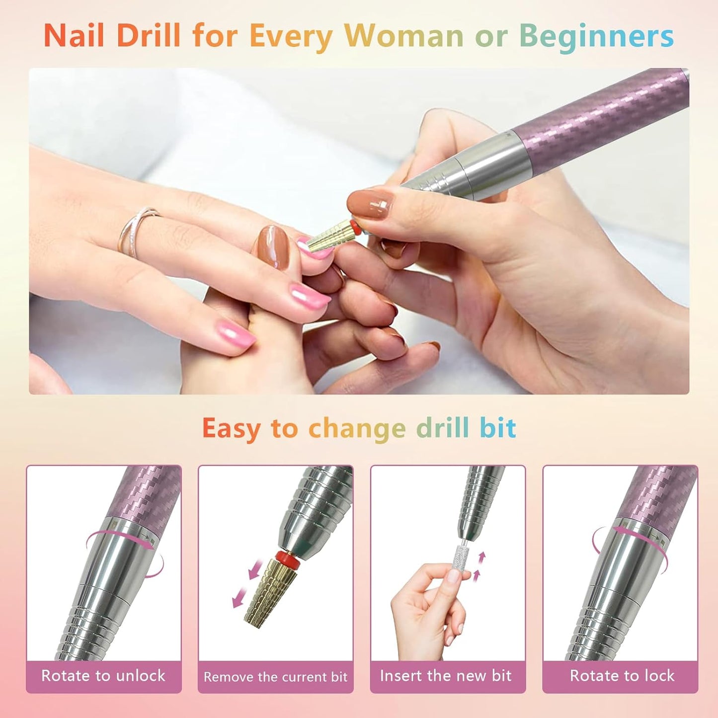 BETE Professional Nail Drill Machine, 0-40000RPM Brushless Durable Electric Nail File for Acrylic Gel Nails, Rechargeable Nail Drill with Charging Base with 6pcs Drill Bits for Salon Home, Pink