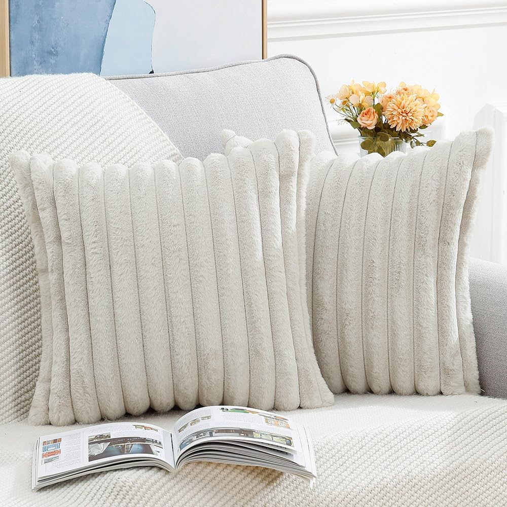 MADIZZ Set of 2 Faux Wool Plush Decorative Throw Pillow Covers 16x16 Inch Greyish White Fluffy Striped Soft Decorative Cushion Cover for Sofa Bedroom Pillow Shell