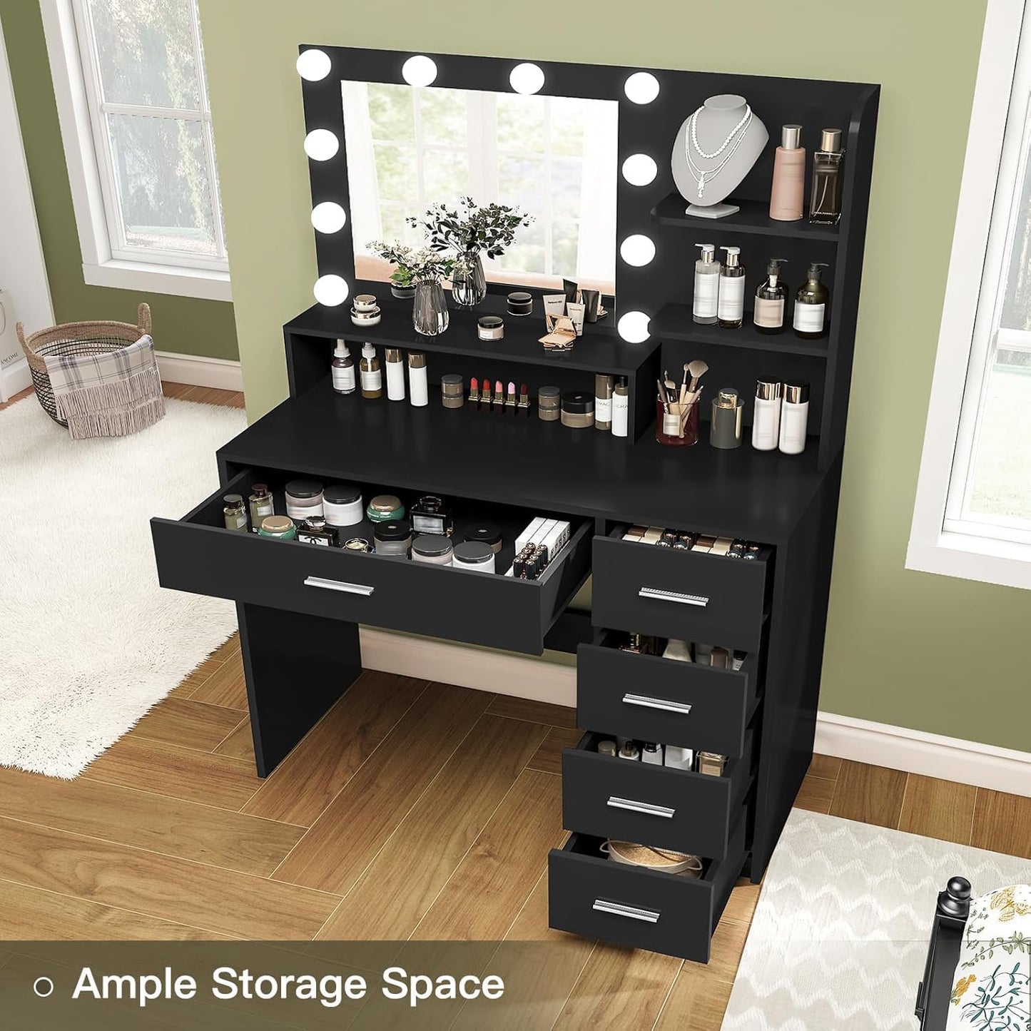 Quimoo Makeup Vanity Desk with Mirror & Lights, Vanity Desk with 5 Drawers & Storage Shelves, Vanity Table, 3 Color Modes & Adjustable Brightness Dressing Table, Bedroom, Black