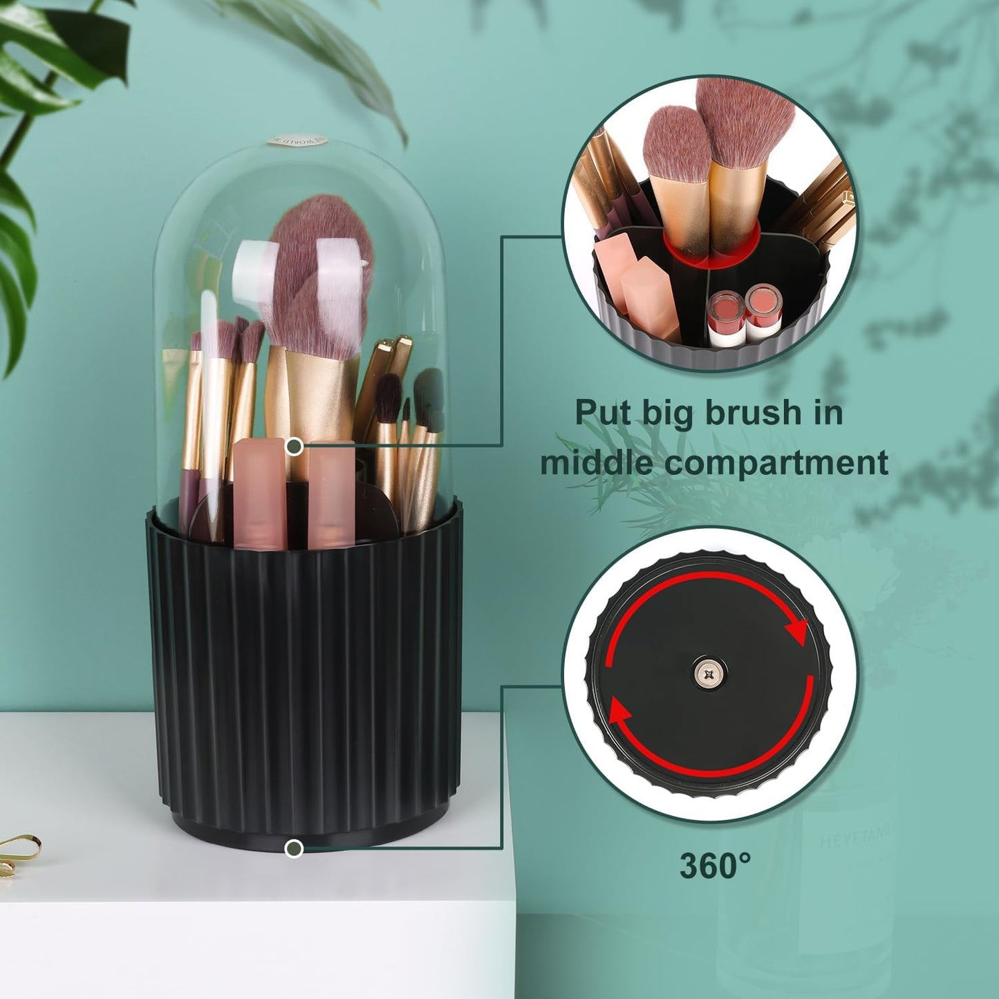 JessLab Makeup Brush Holder Organizer with Lid, 360 Degree Rotatable Spinning Cosmetics Holder Display for Bathroom Vanity Countertop, Black