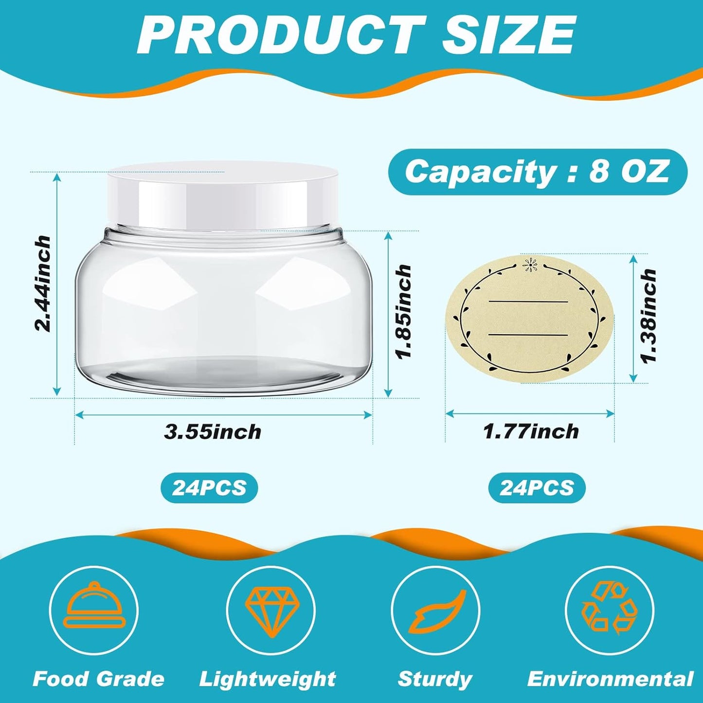 Tessco 24 Pack Plastic Jars with Lids Labels Empty Clear Plastic Jars Round Refillable Cosmetic Containers Body Butter Containers Bulk Sugar Scrub Bottle for Make Up(8 oz,White)