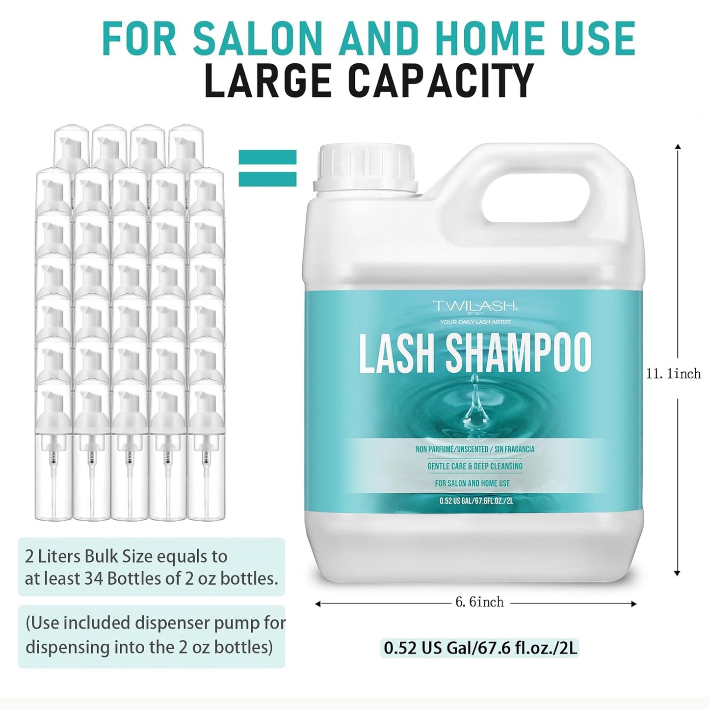 Lash Shampoo Bulk, Eyelash Cleanser for Extensions 2 Liters, Dispenser Pump, Safe Makeup Remover, Non-irritating or Burning Eyelid Foaming Cleanser for Professional Salon and Home Use (Unscented-2L)