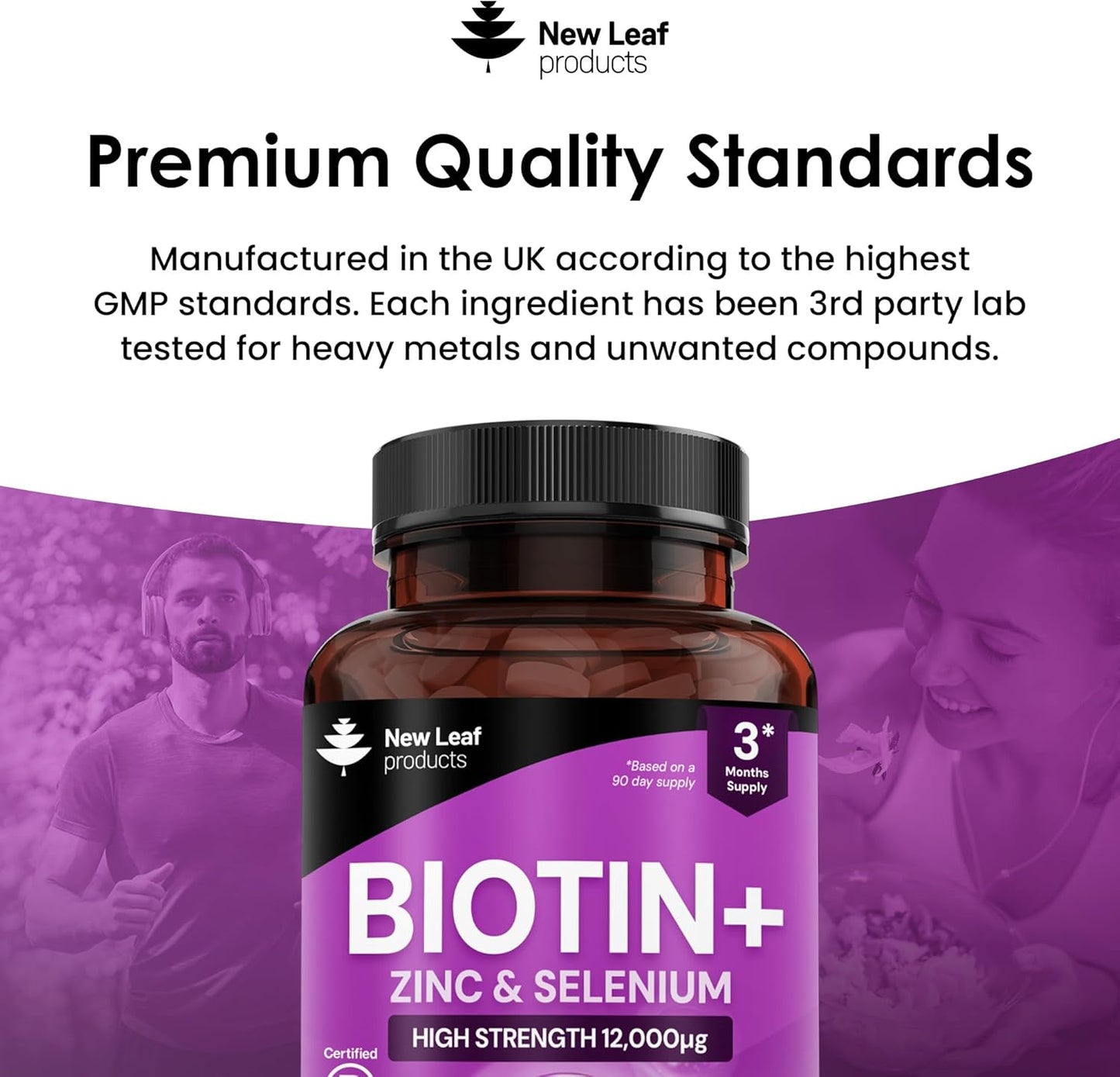 Biotin Hair Growth Vitamins 12000mcg High Strength with Coconut Oil - Promotes Healthy Hair Skin & Nails - Biotin Vitamins for Women& Men Vegan, Gluten Free Supplements - Made in The UK by New Leaf